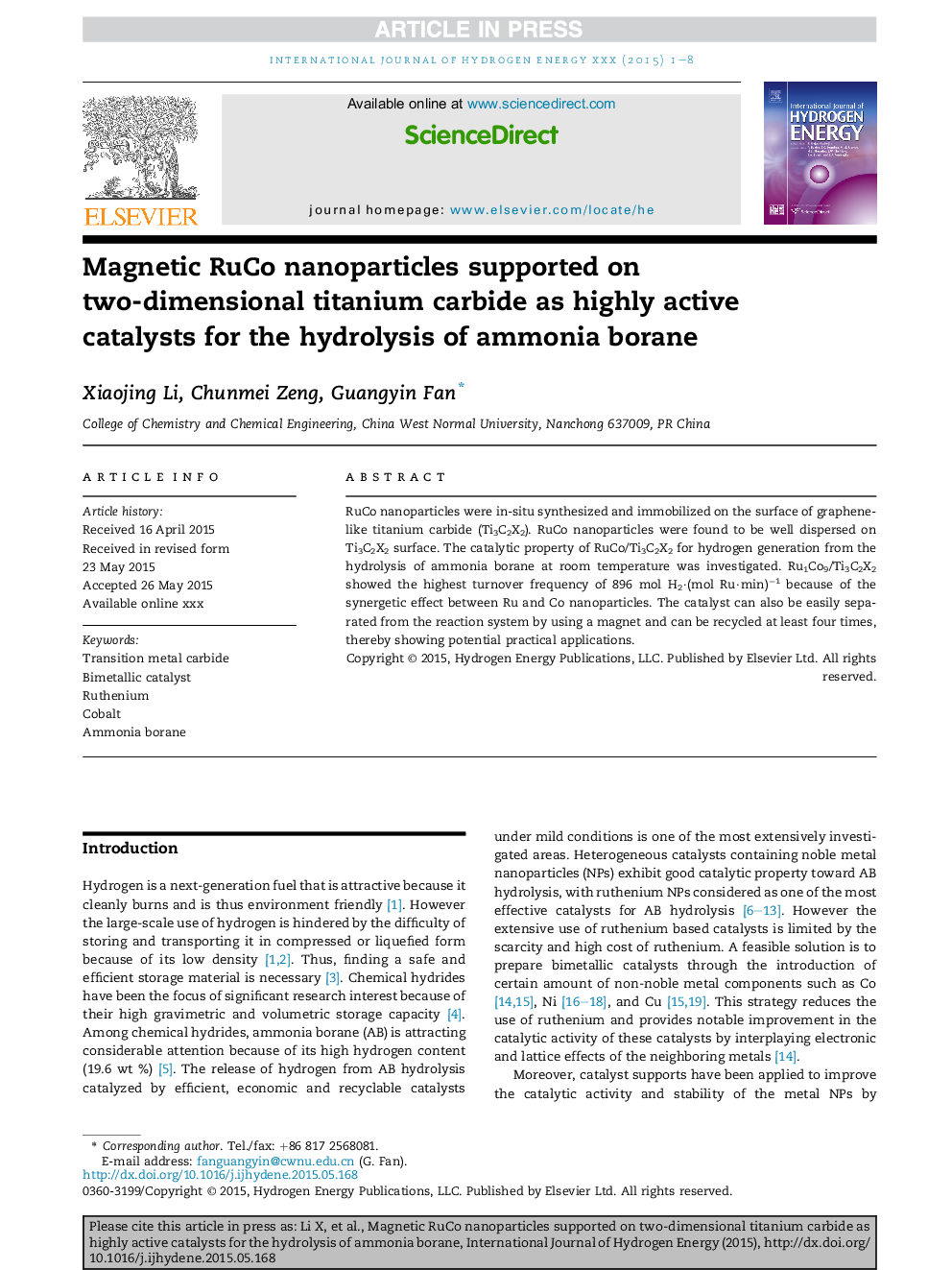 Magnetic RuCo nanoparticles supported on two-dimensional titanium carbide as highly active catalysts for the hydrolysis of ammonia borane