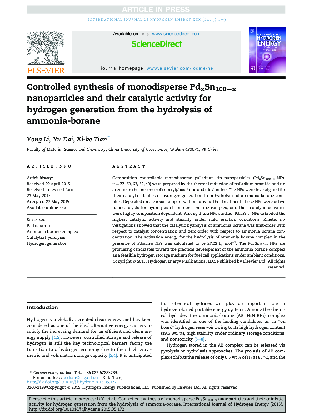 Controlled synthesis of monodisperse PdxSn100âx nanoparticles and their catalytic activity for hydrogen generation from the hydrolysis of ammonia-borane