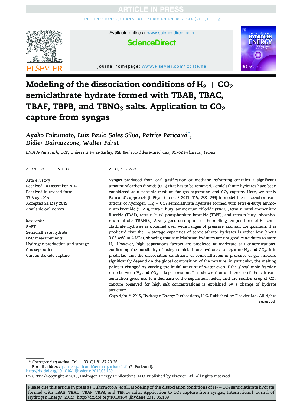 Modeling of the dissociation conditions of H2Â +Â CO2 semiclathrate hydrate formed with TBAB, TBAC, TBAF, TBPB, and TBNO3 salts. Application to CO2 capture from syngas