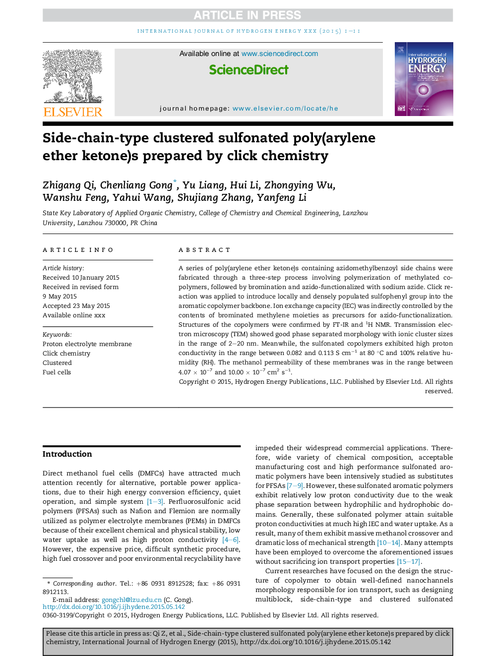 Side-chain-type clustered sulfonated poly(arylene ether ketone)s prepared by click chemistry