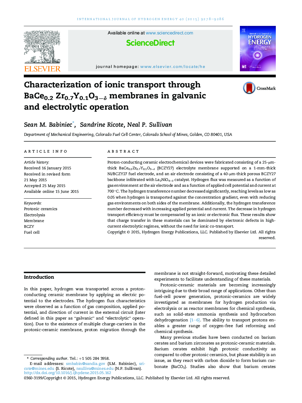 Characterization of ionic transport through BaCe0.2 Zr0.7Y0.1O3âÎ´ membranes in galvanic and electrolytic operation