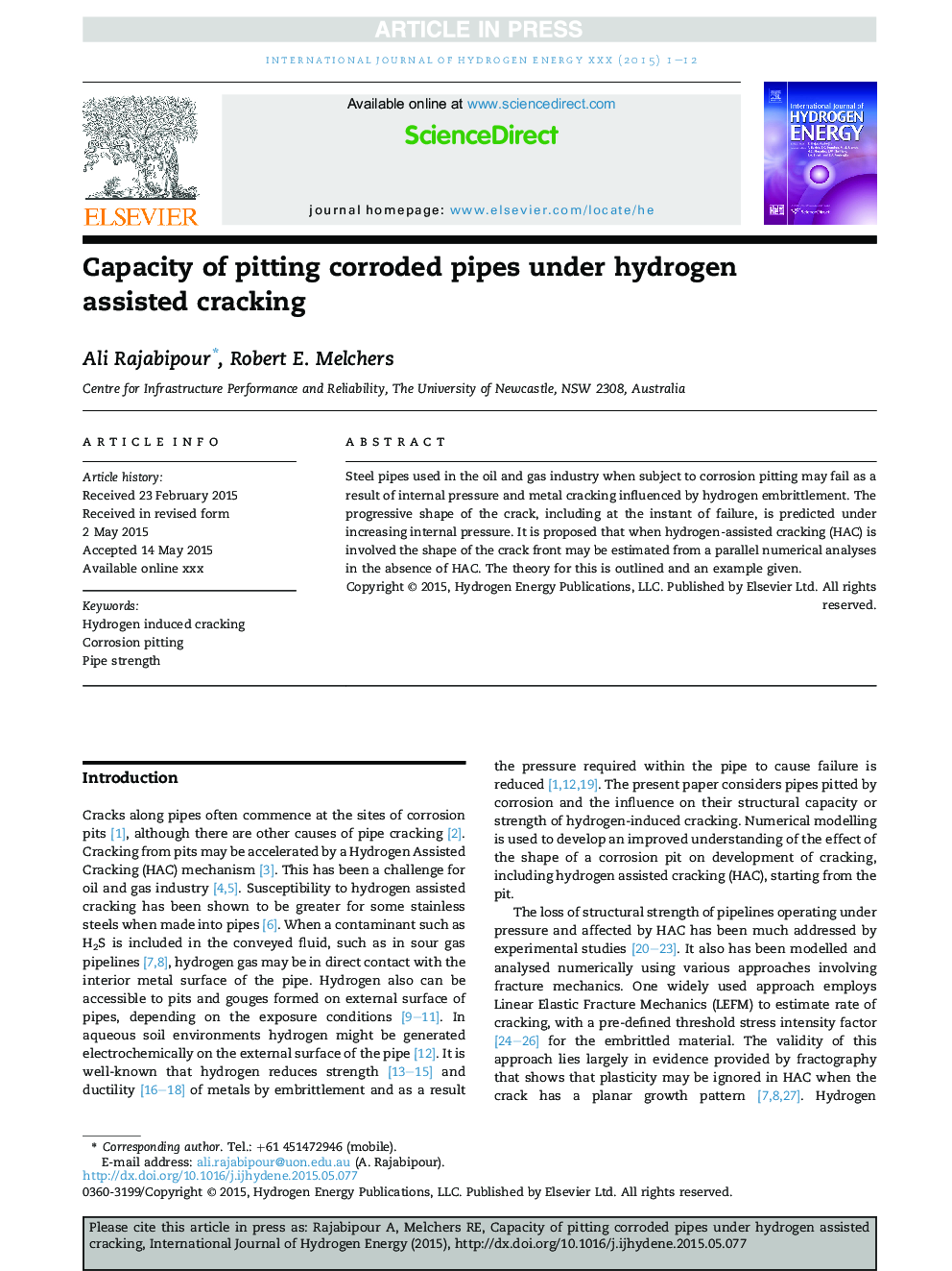 Capacity of pitting corroded pipes under hydrogen assisted cracking