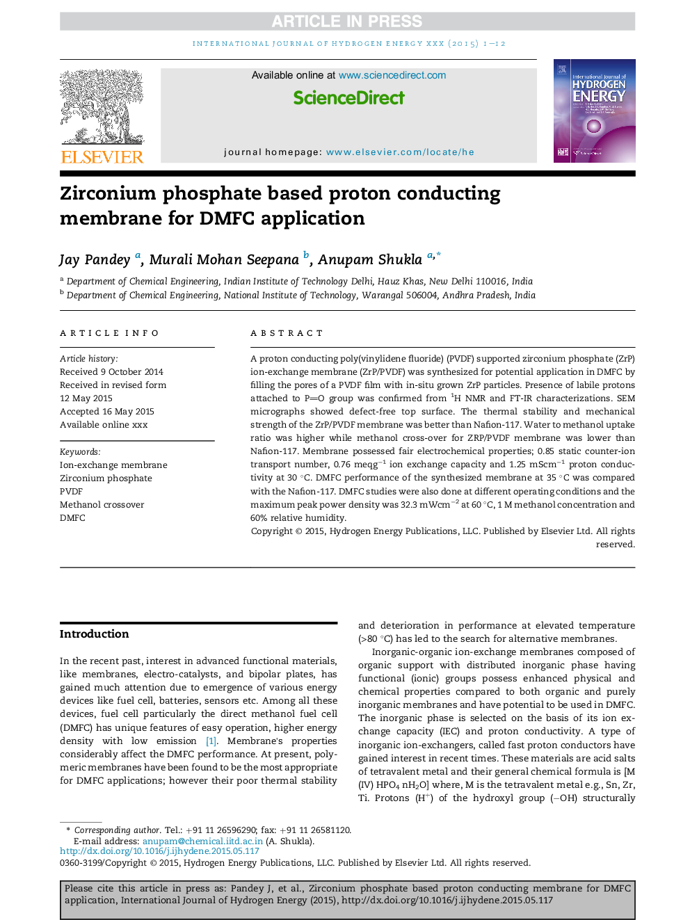 Zirconium phosphate based proton conducting membrane for DMFC application