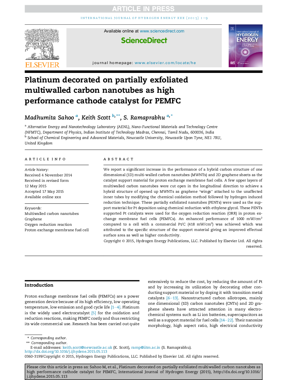 Platinum decorated on partially exfoliated multiwalled carbon nanotubes as high performance cathode catalyst for PEMFC