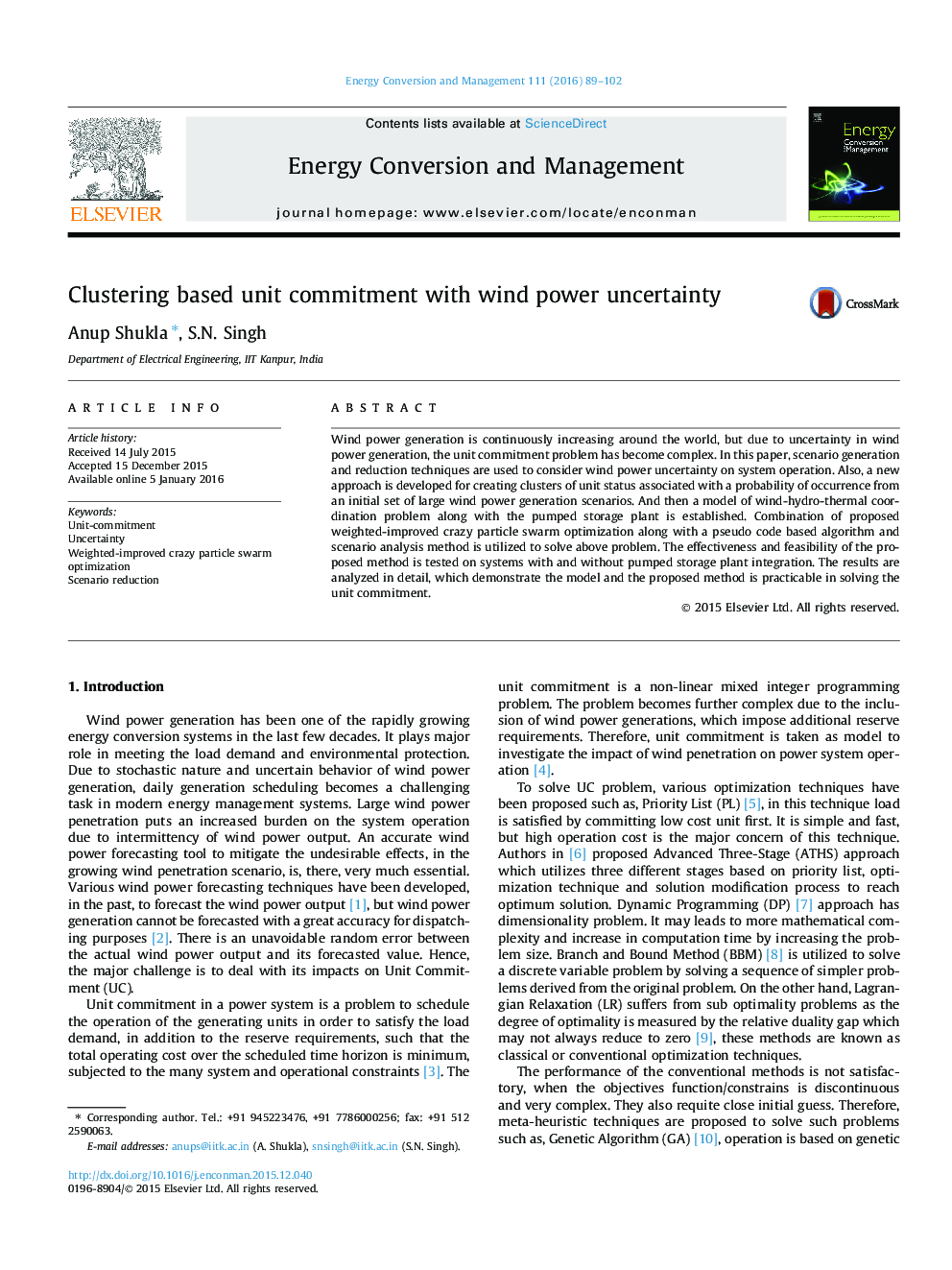 Clustering based unit commitment with wind power uncertainty