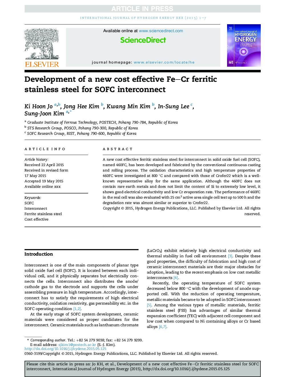 Development of a new cost effective Fe-Cr ferritic stainless steel for SOFC interconnect