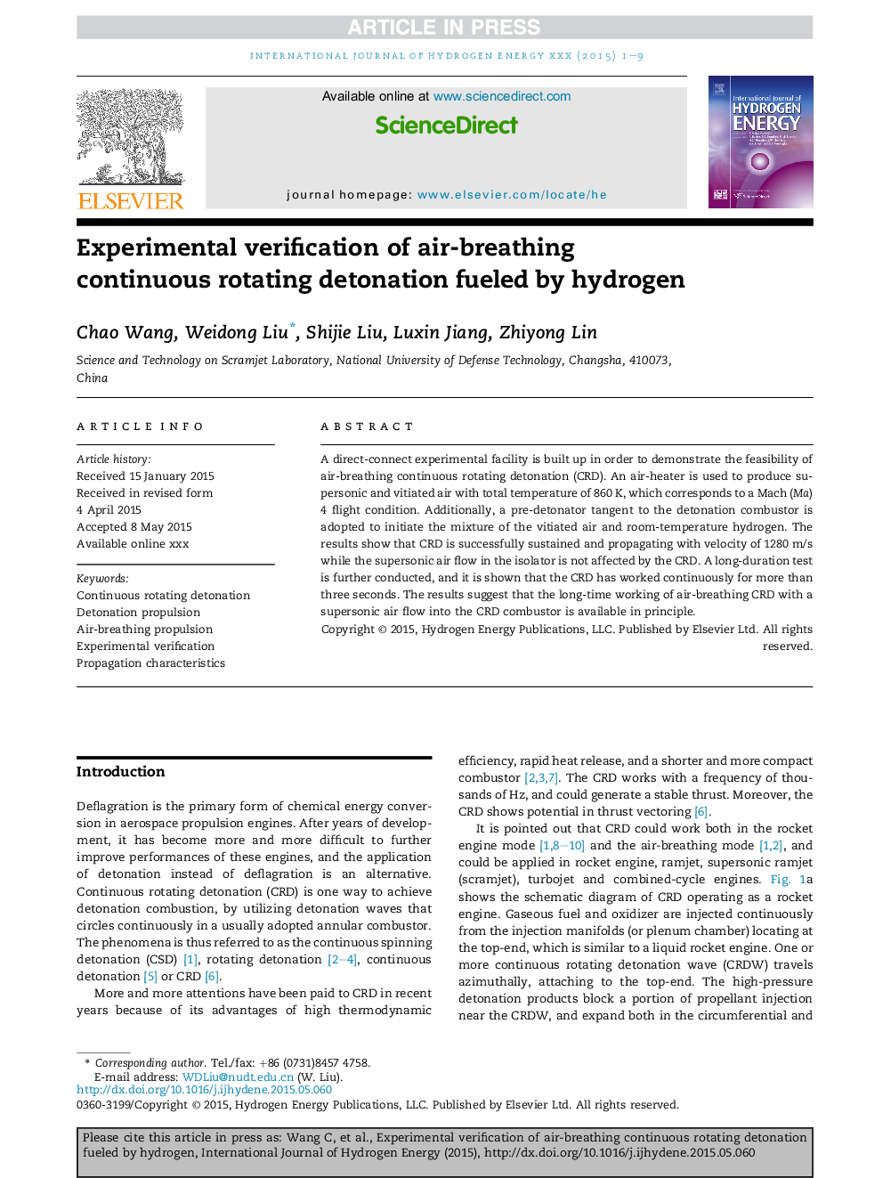 Experimental verification of air-breathing continuous rotating detonation fueled by hydrogen