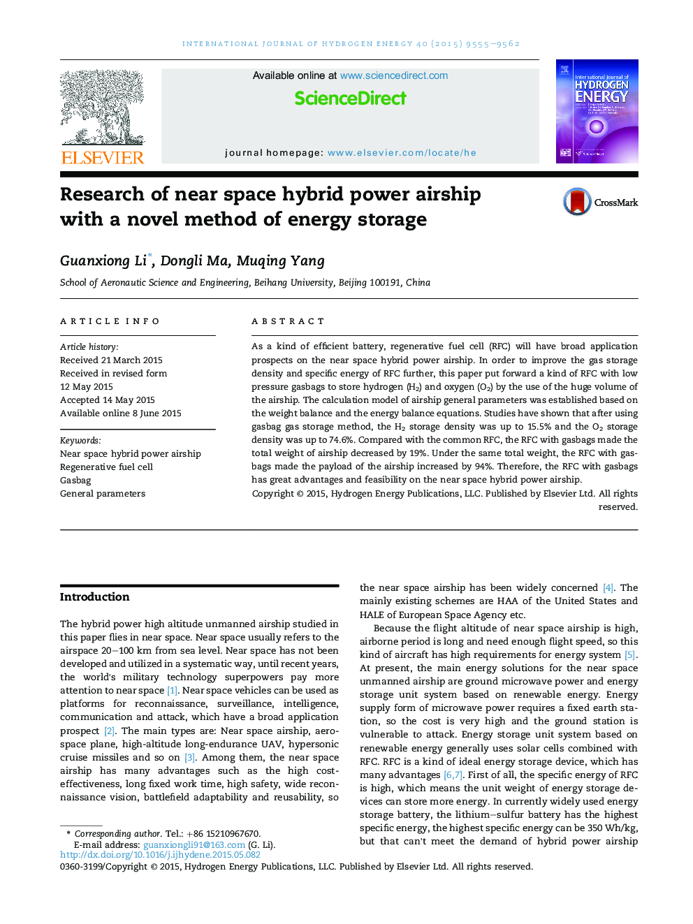 Research of near space hybrid power airship with a novel method of energy storage