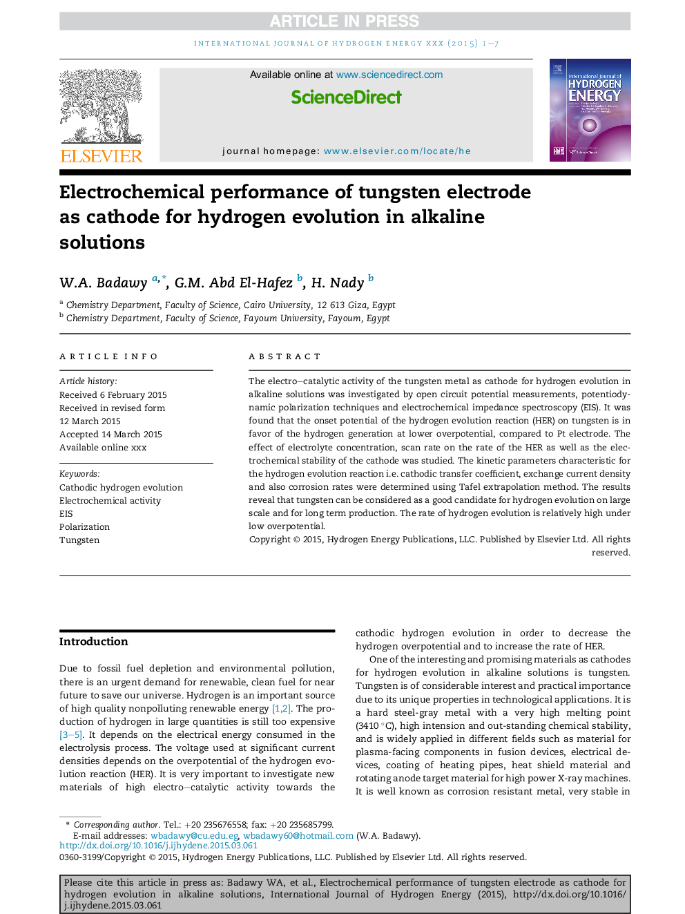 Electrochemical performance of tungsten electrode as cathode for hydrogen evolution in alkaline solutions