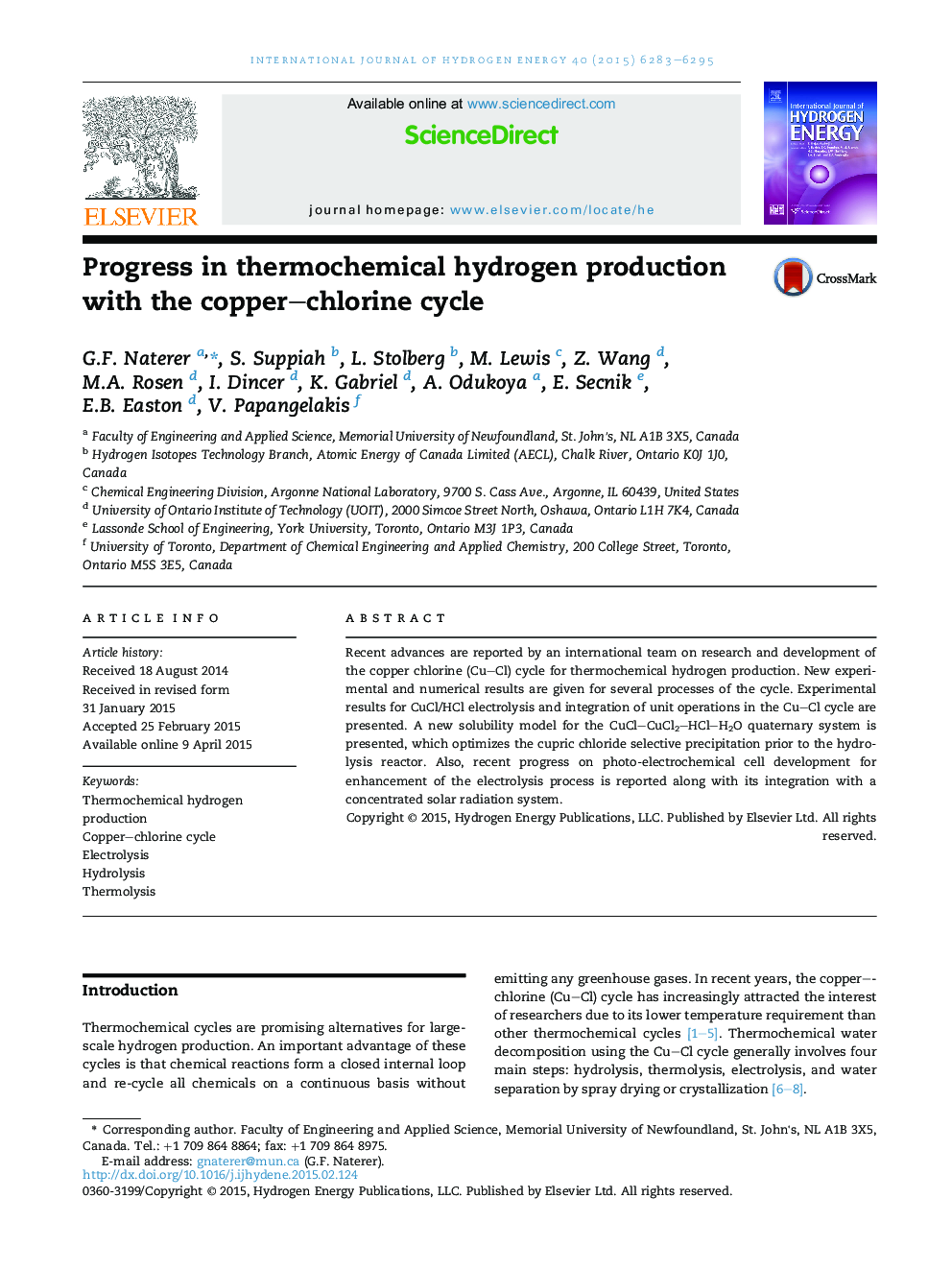 Progress in thermochemical hydrogen production with the copper-chlorine cycle