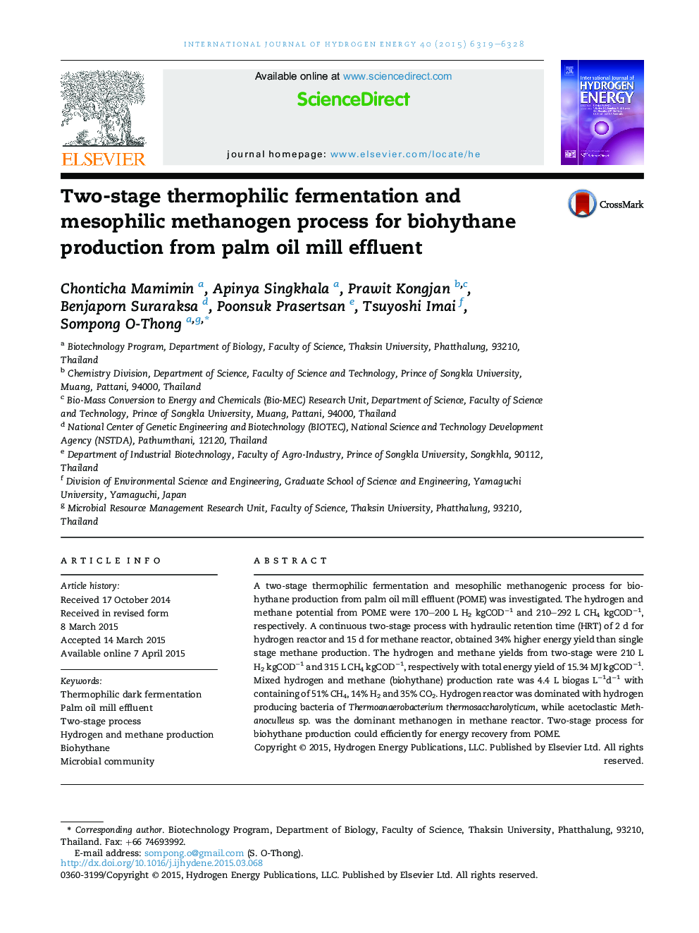 Two-stage thermophilic fermentation and mesophilic methanogen process for biohythane production from palm oil mill effluent