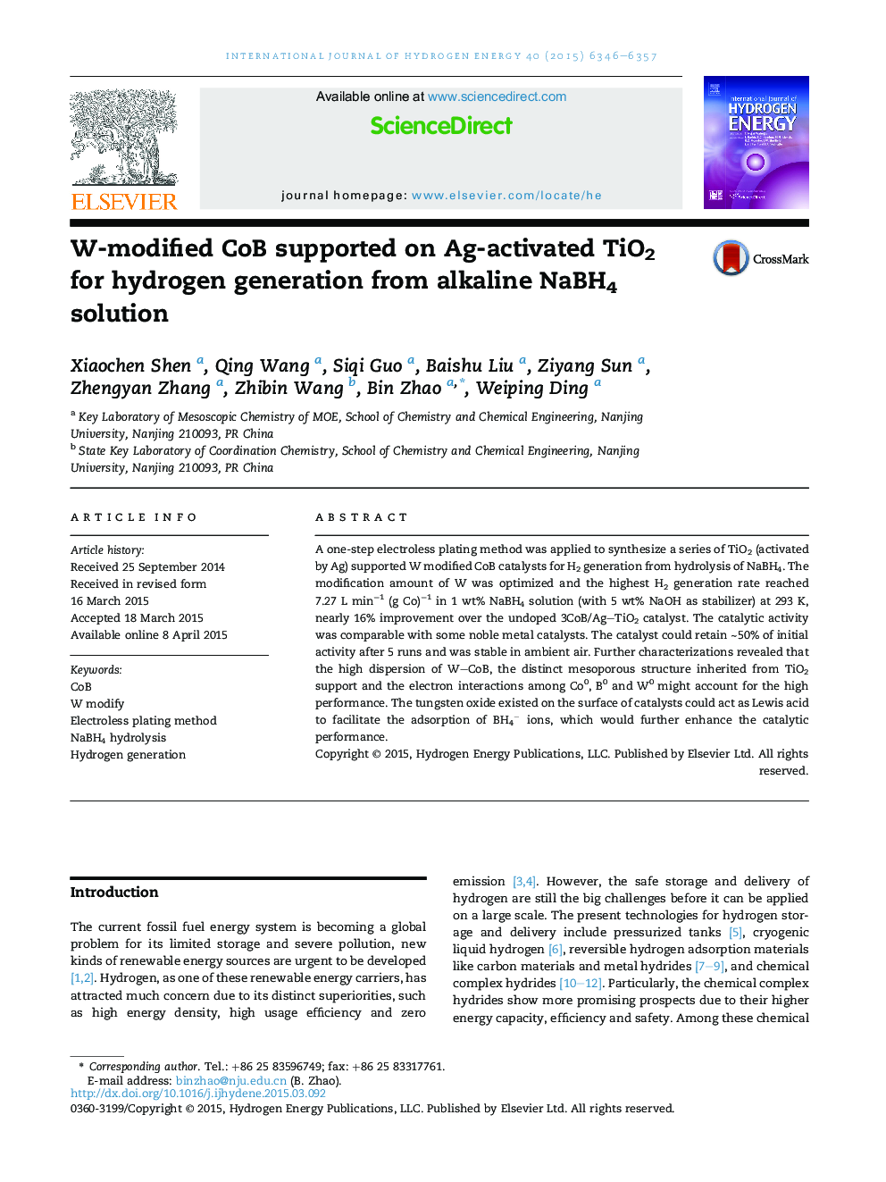 W-modified CoB supported on Ag-activated TiO2 for hydrogen generation from alkaline NaBH4 solution