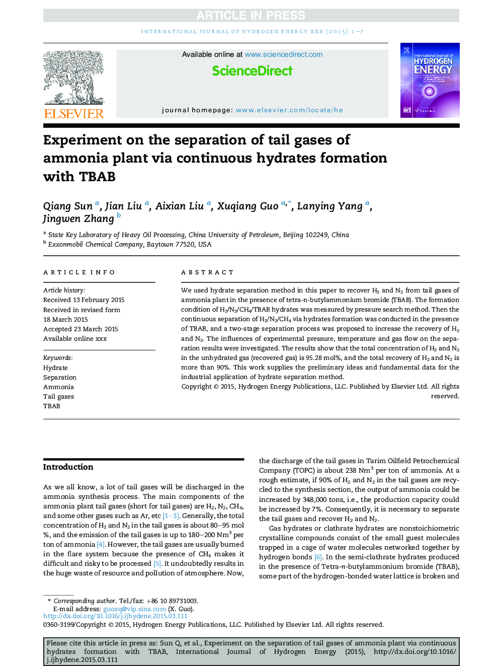 Experiment on the separation of tail gases of ammonia plant via continuous hydrates formation with TBAB