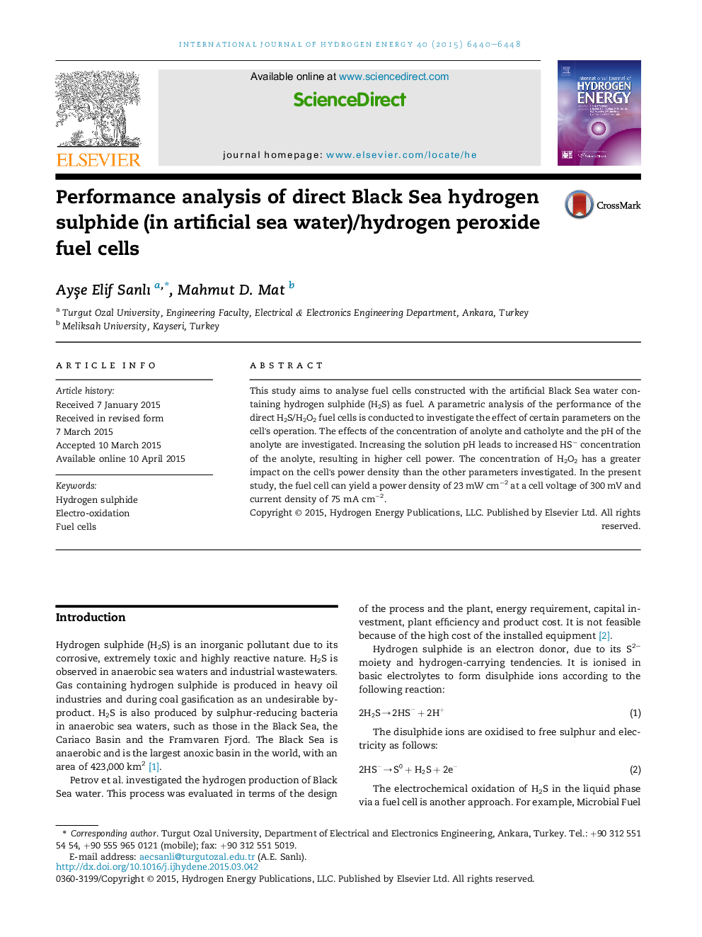 Performance analysis of direct Black Sea hydrogen sulphide (in artificial sea water)/hydrogen peroxide fuel cells