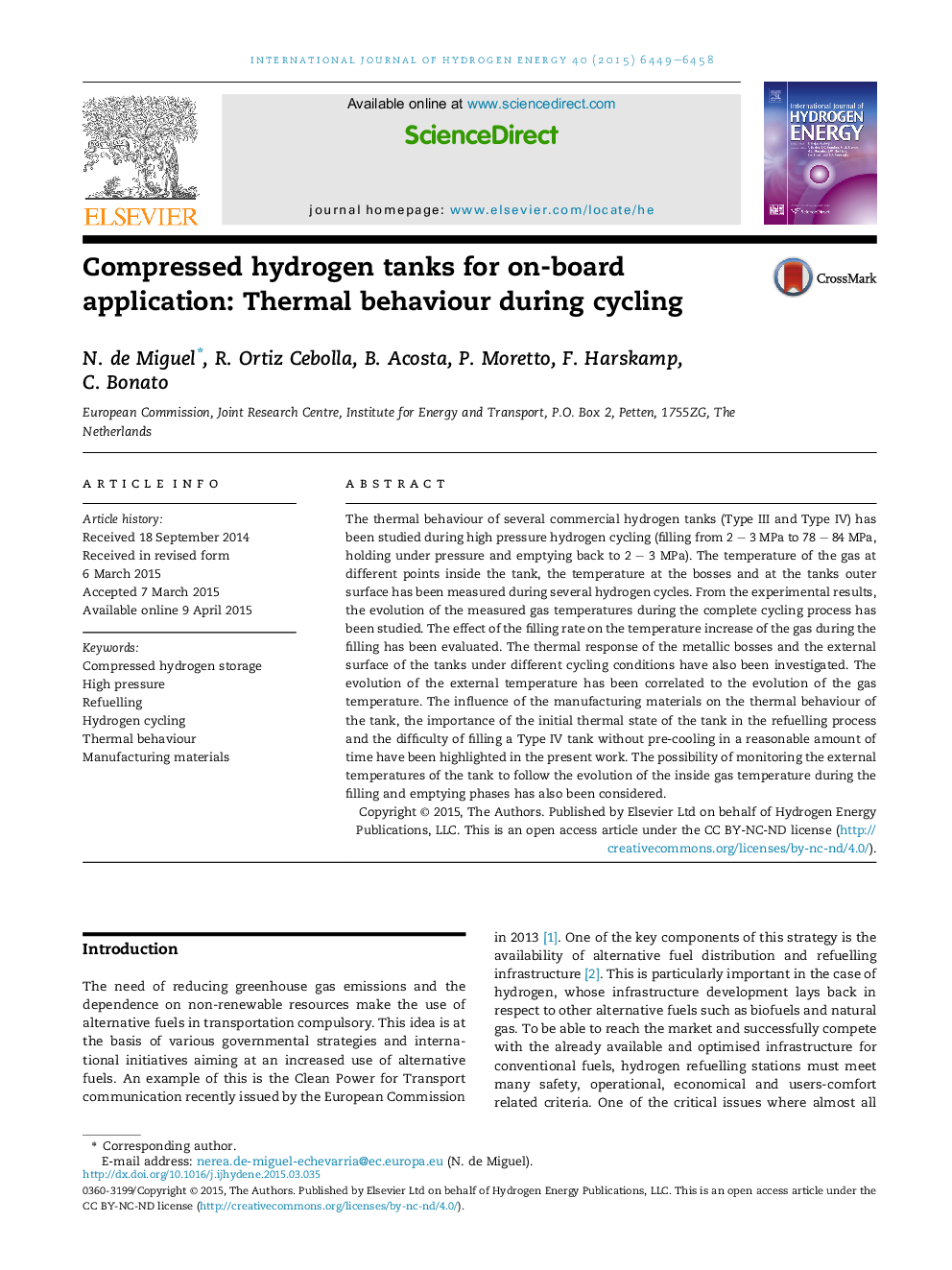 Compressed hydrogen tanks for on-board application: Thermal behaviour during cycling