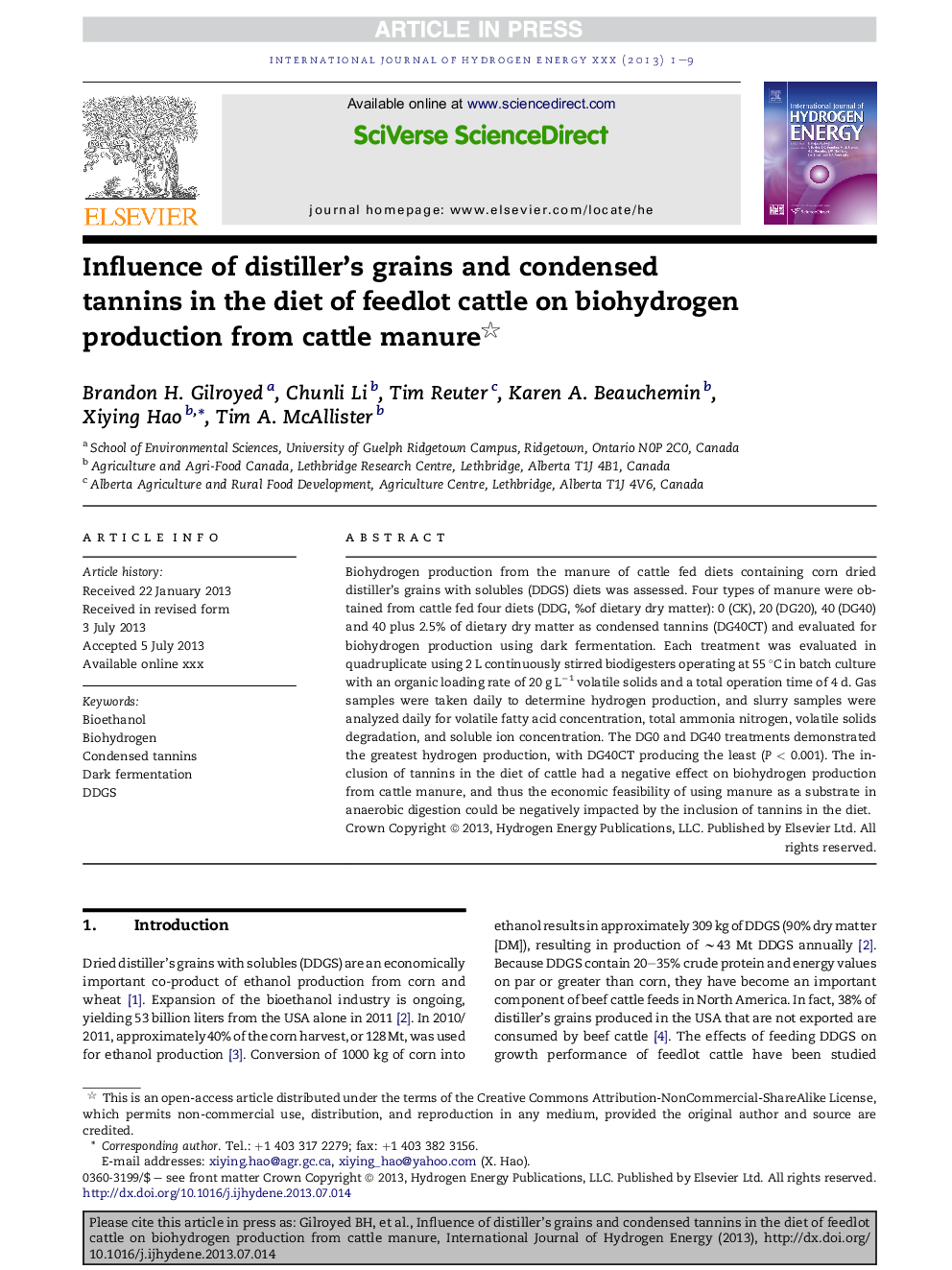 Influence of distiller's grains and condensed tannins in the diet of feedlot cattle on biohydrogen production from cattle manure