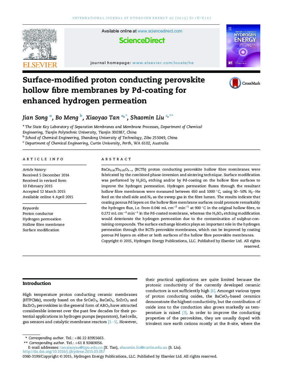 Surface-modified proton conducting perovskite hollow fibre membranes by Pd-coating for enhanced hydrogen permeation