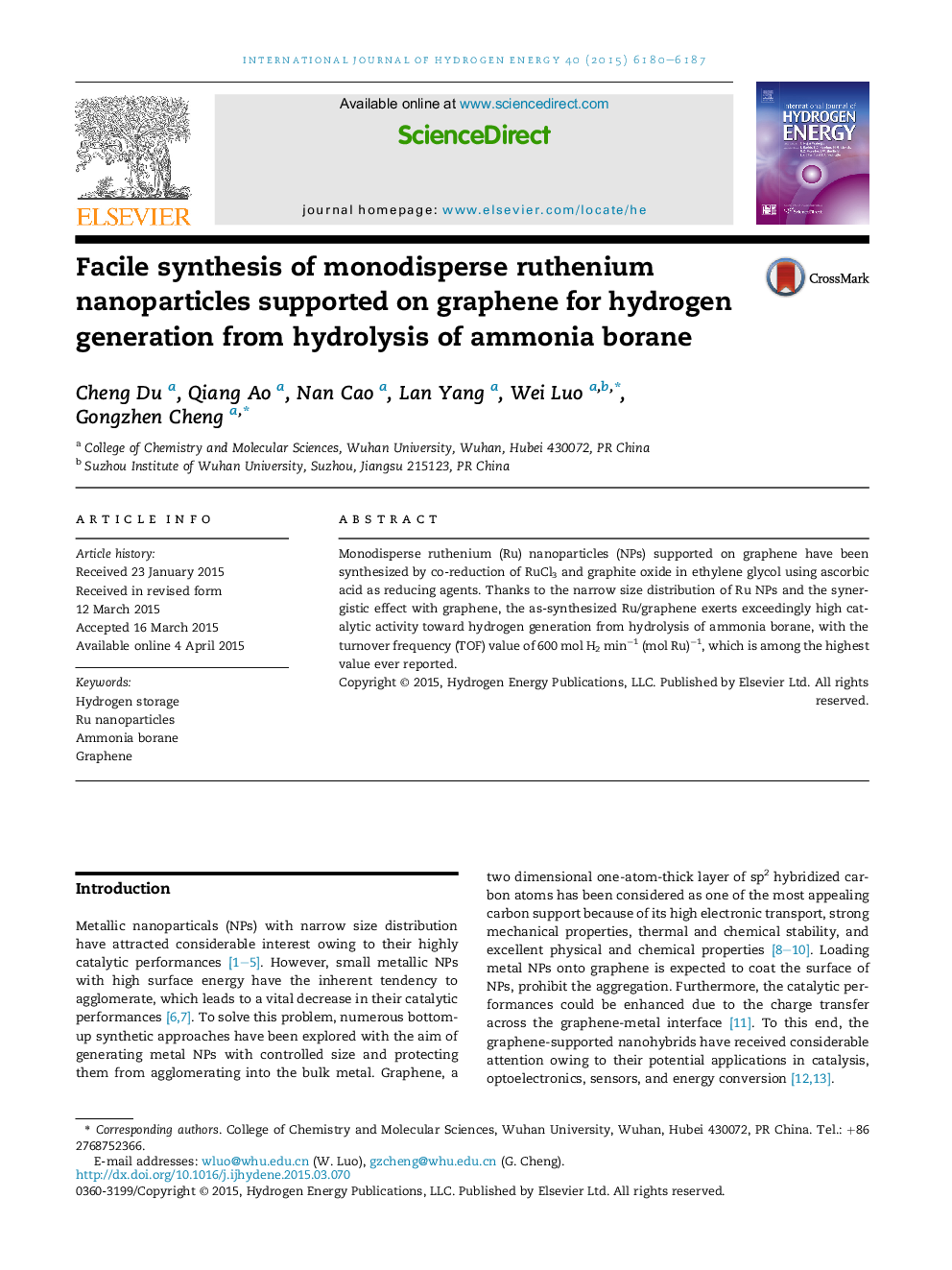 Facile synthesis of monodisperse ruthenium nanoparticles supported on graphene for hydrogen generation from hydrolysis of ammonia borane