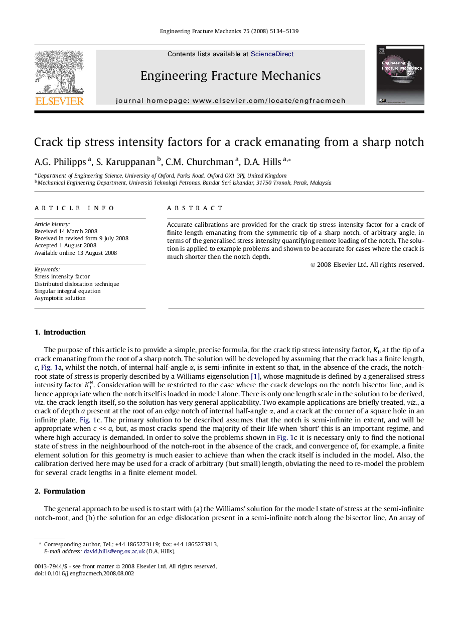 Crack tip stress intensity factors for a crack emanating from a sharp notch