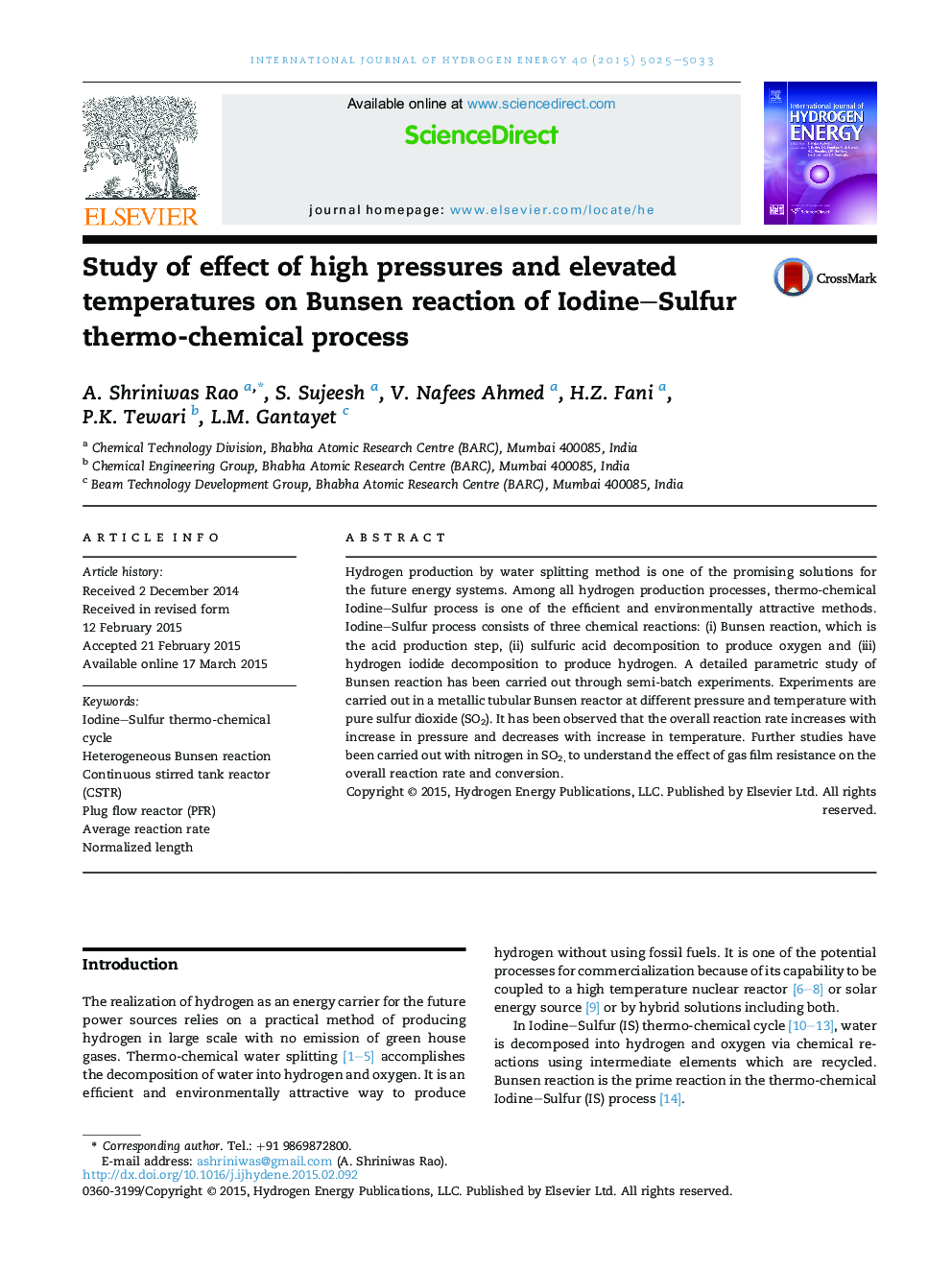 Study of effect of high pressures and elevated temperatures on Bunsen reaction of Iodine-Sulfur thermo-chemical process