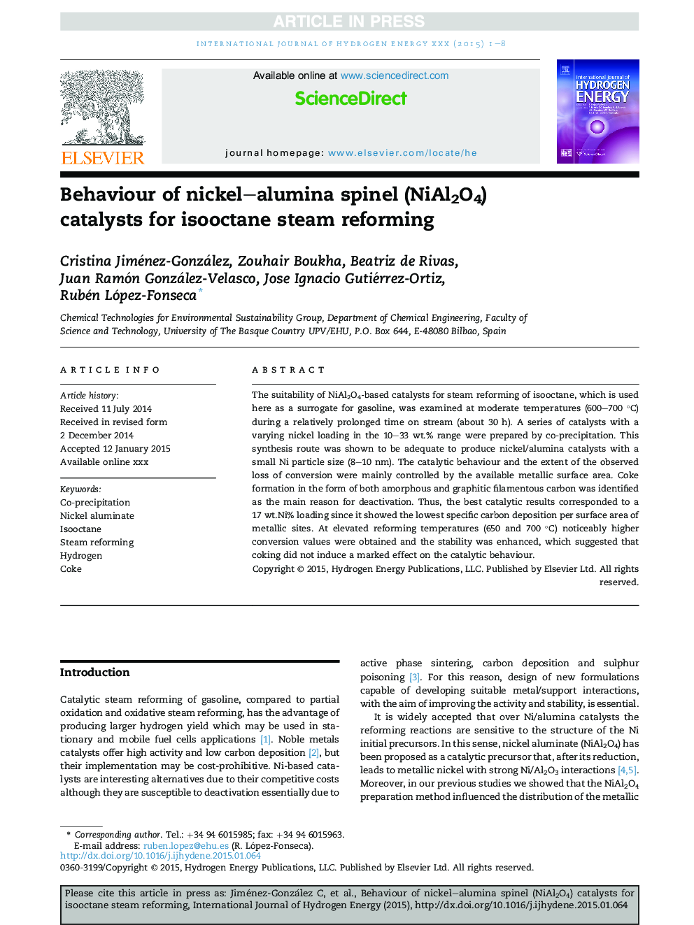 Behaviour of nickel-alumina spinel (NiAl2O4) catalysts for isooctane steam reforming