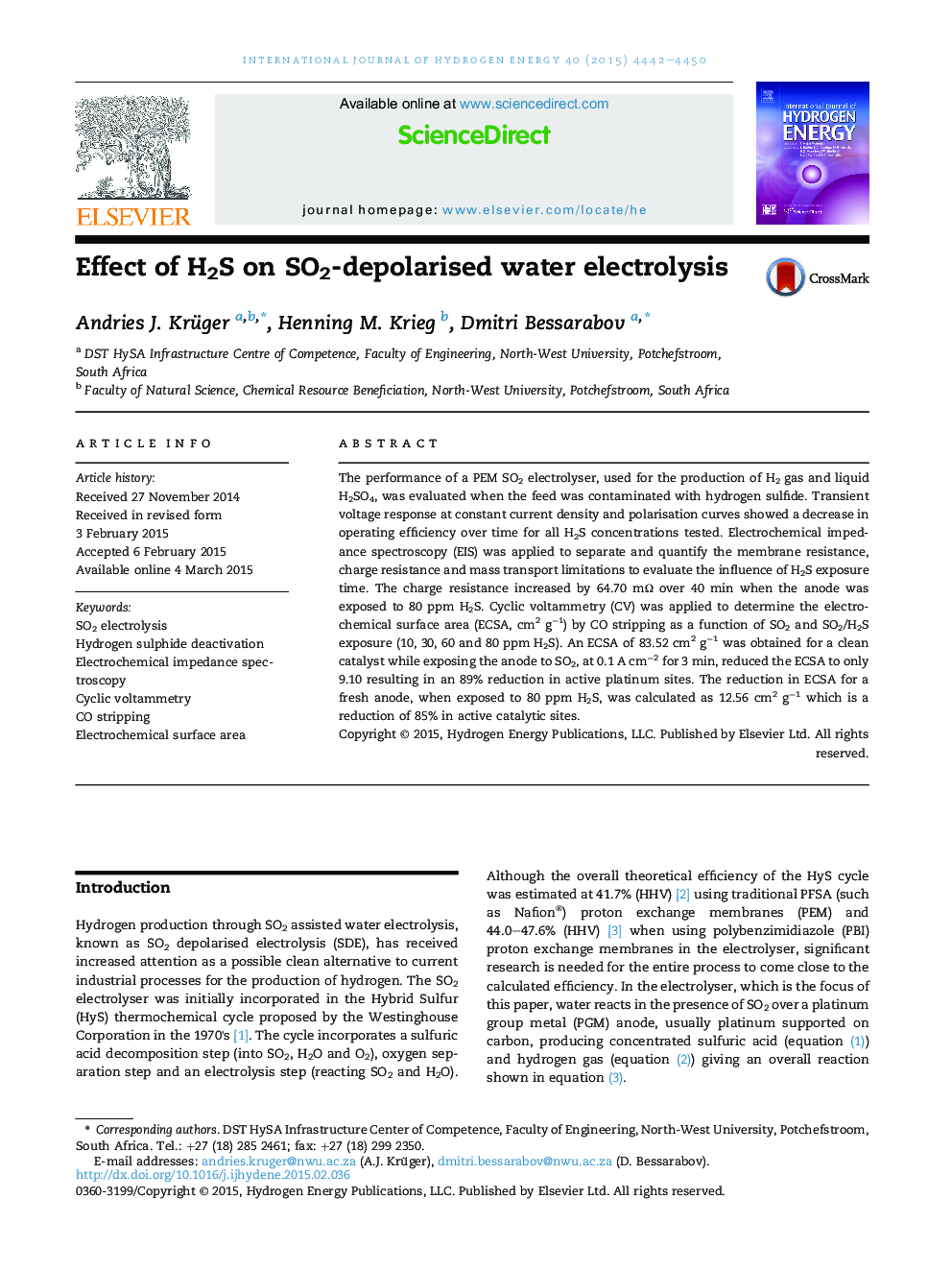 Effect of H2S on SO2-depolarised water electrolysis