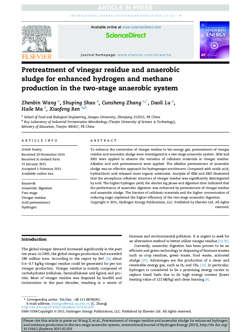 Pretreatment of vinegar residue and anaerobic sludge for enhanced hydrogen and methane production in the two-stage anaerobic system