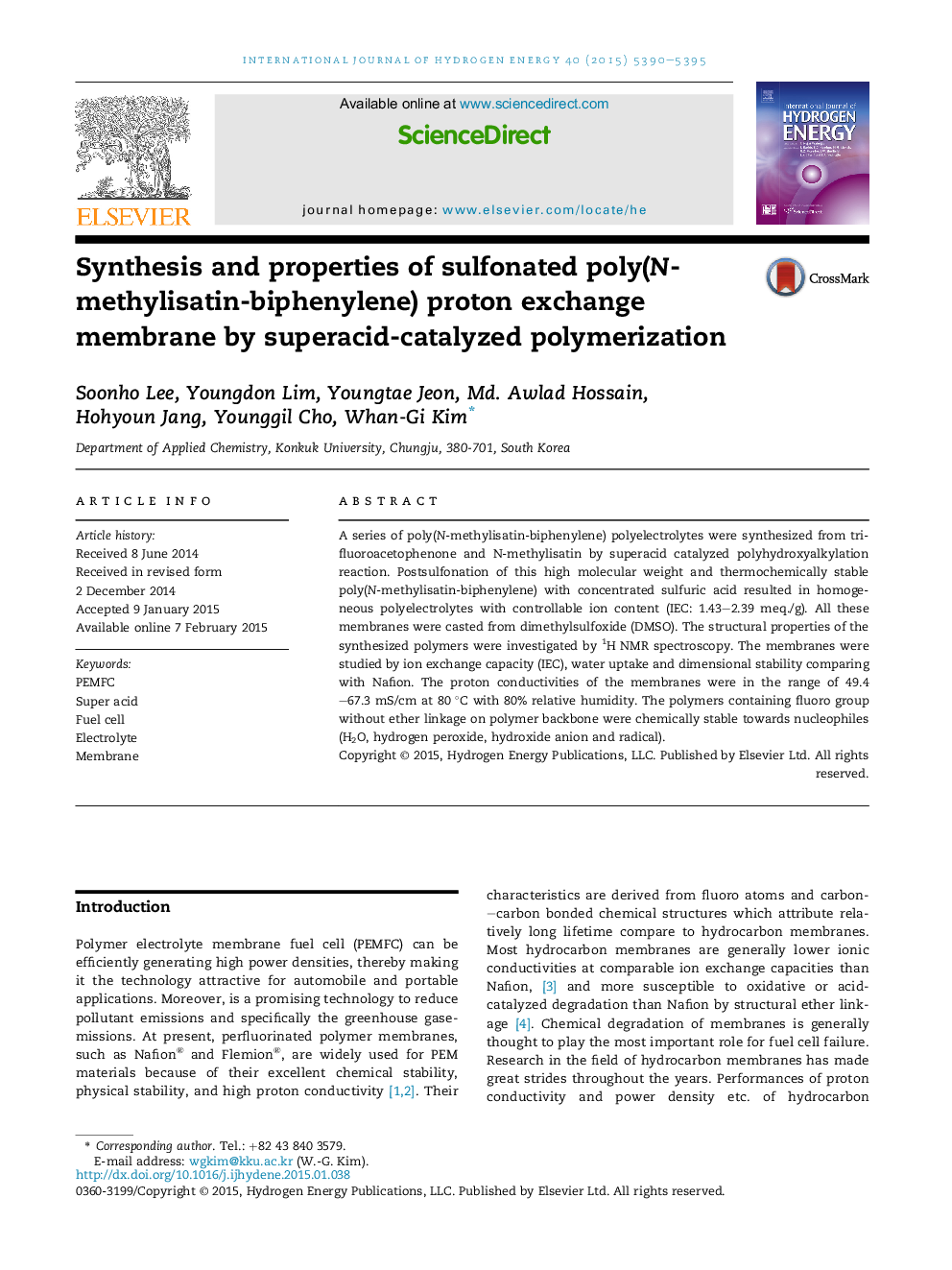 Synthesis and properties of sulfonated poly(N-methylisatin-biphenylene) proton exchange membrane by superacid-catalyzed polymerization