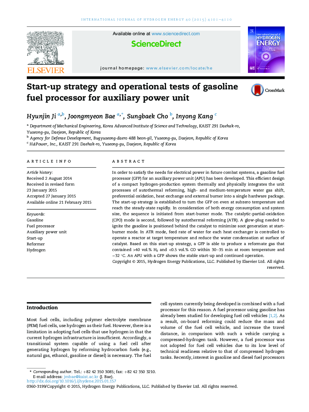 Start-up strategy and operational tests of gasoline fuel processor for auxiliary power unit