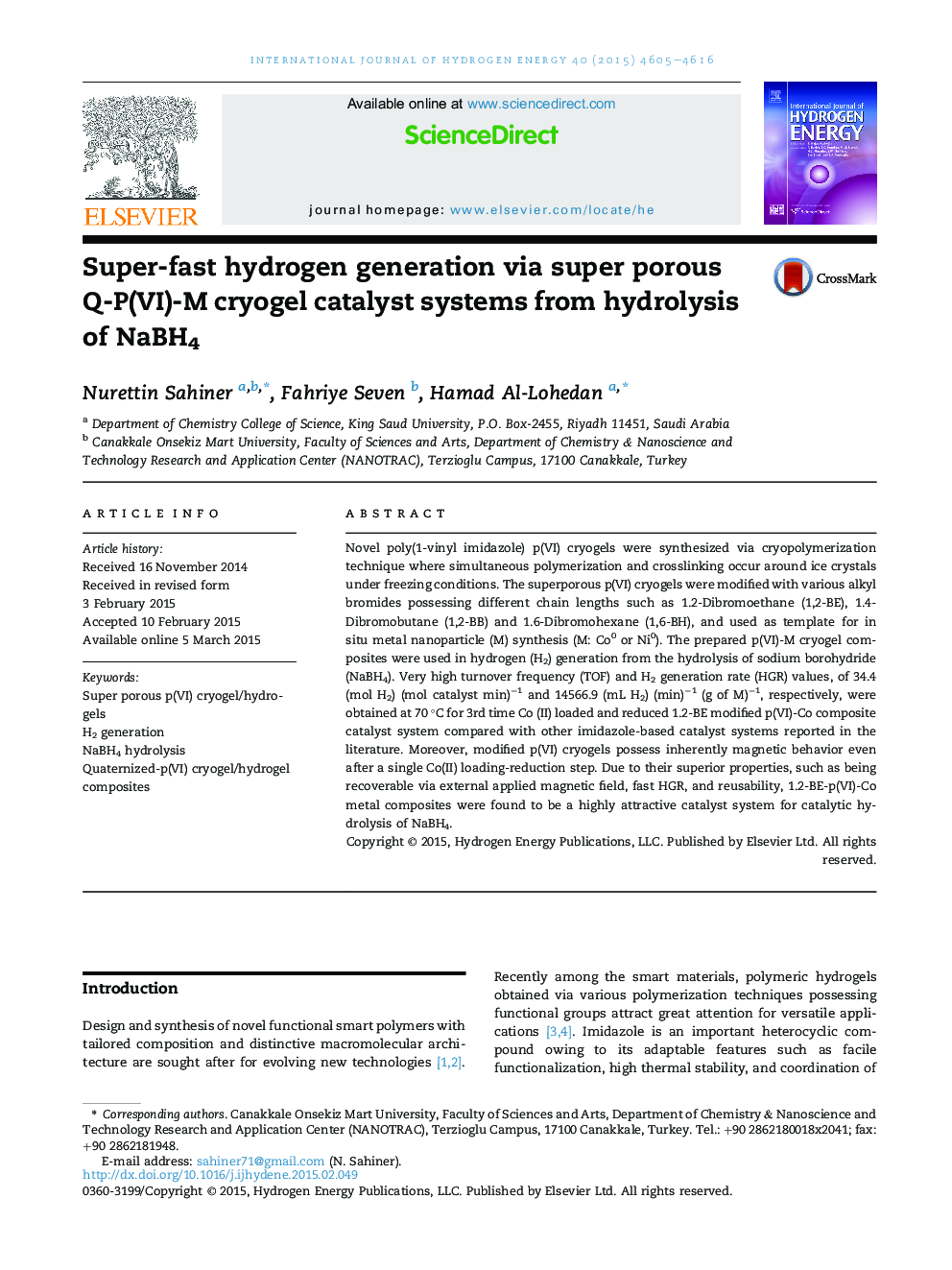 Super-fast hydrogen generation via super porous Q-P(VI)-M cryogel catalyst systems from hydrolysis of NaBH4