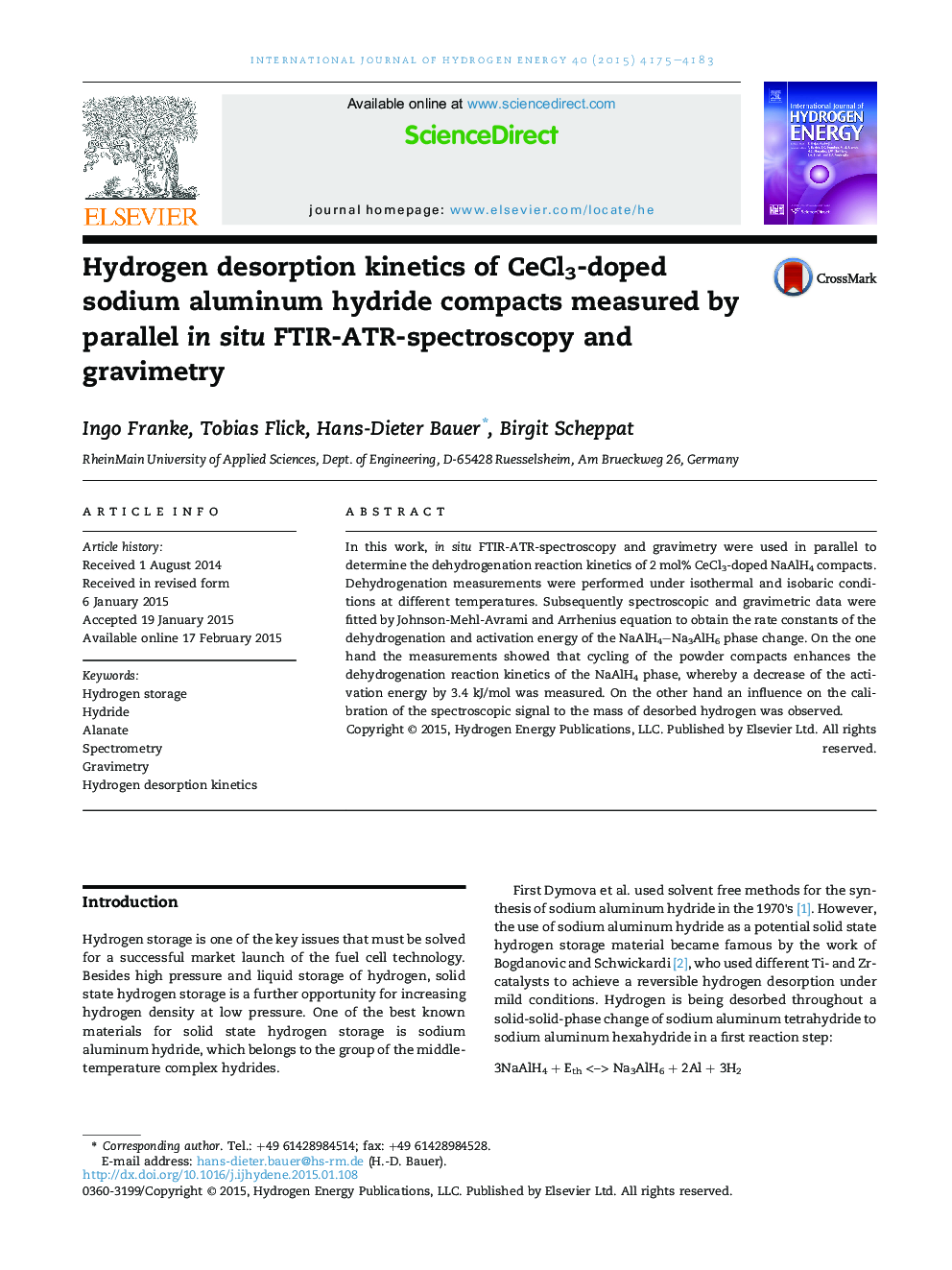 Hydrogen desorption kinetics of CeCl3-doped sodium aluminum hydride compacts measured by parallel in situ FTIR-ATR-spectroscopy and gravimetry