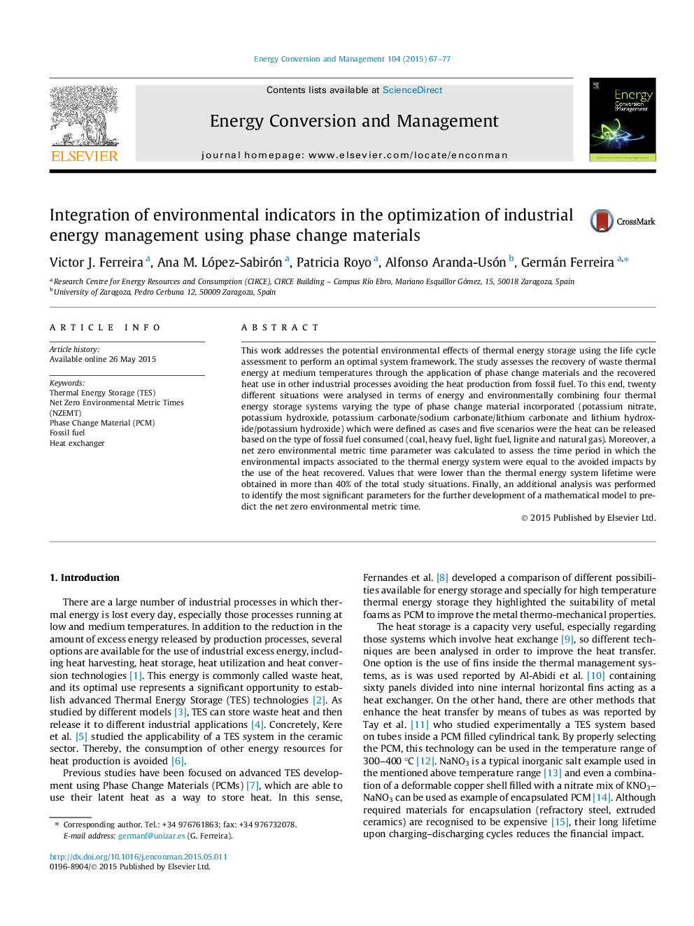 Integration of environmental indicators in the optimization of industrial energy management using phase change materials