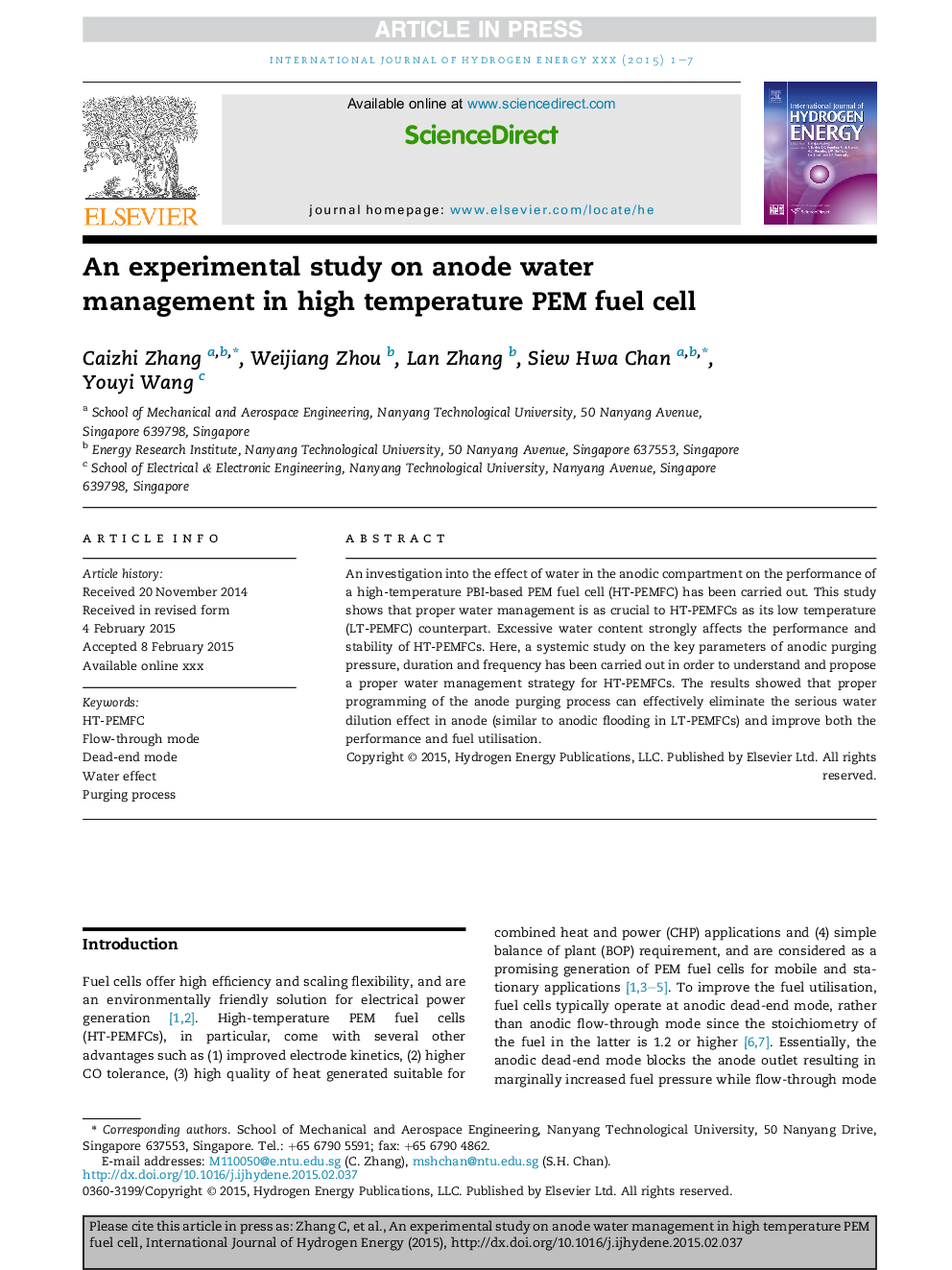 An experimental study on anode water management in high temperature PEM fuel cell