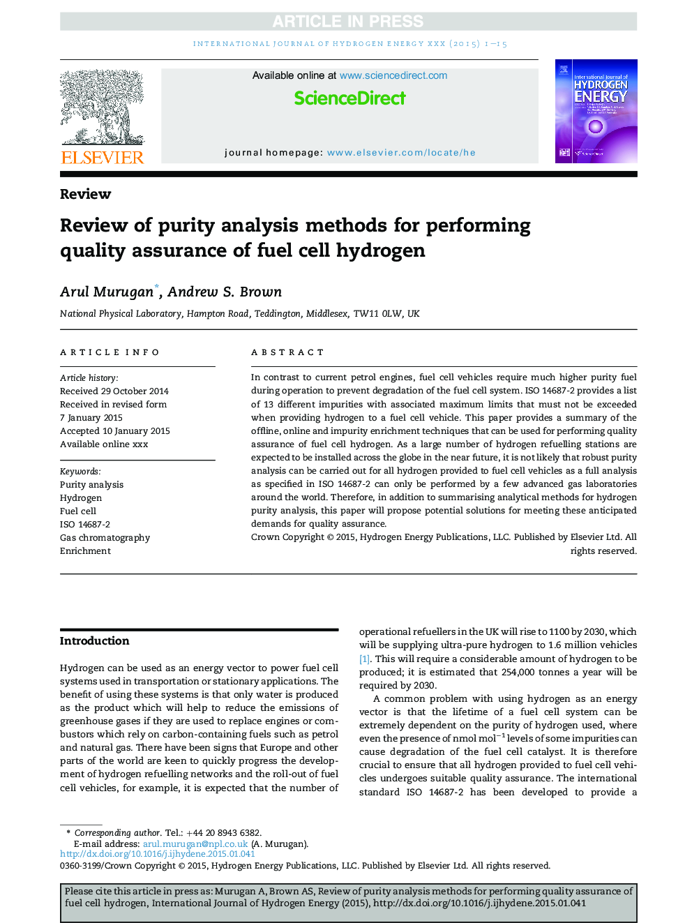 Review of purity analysis methods for performing quality assurance of fuel cell hydrogen