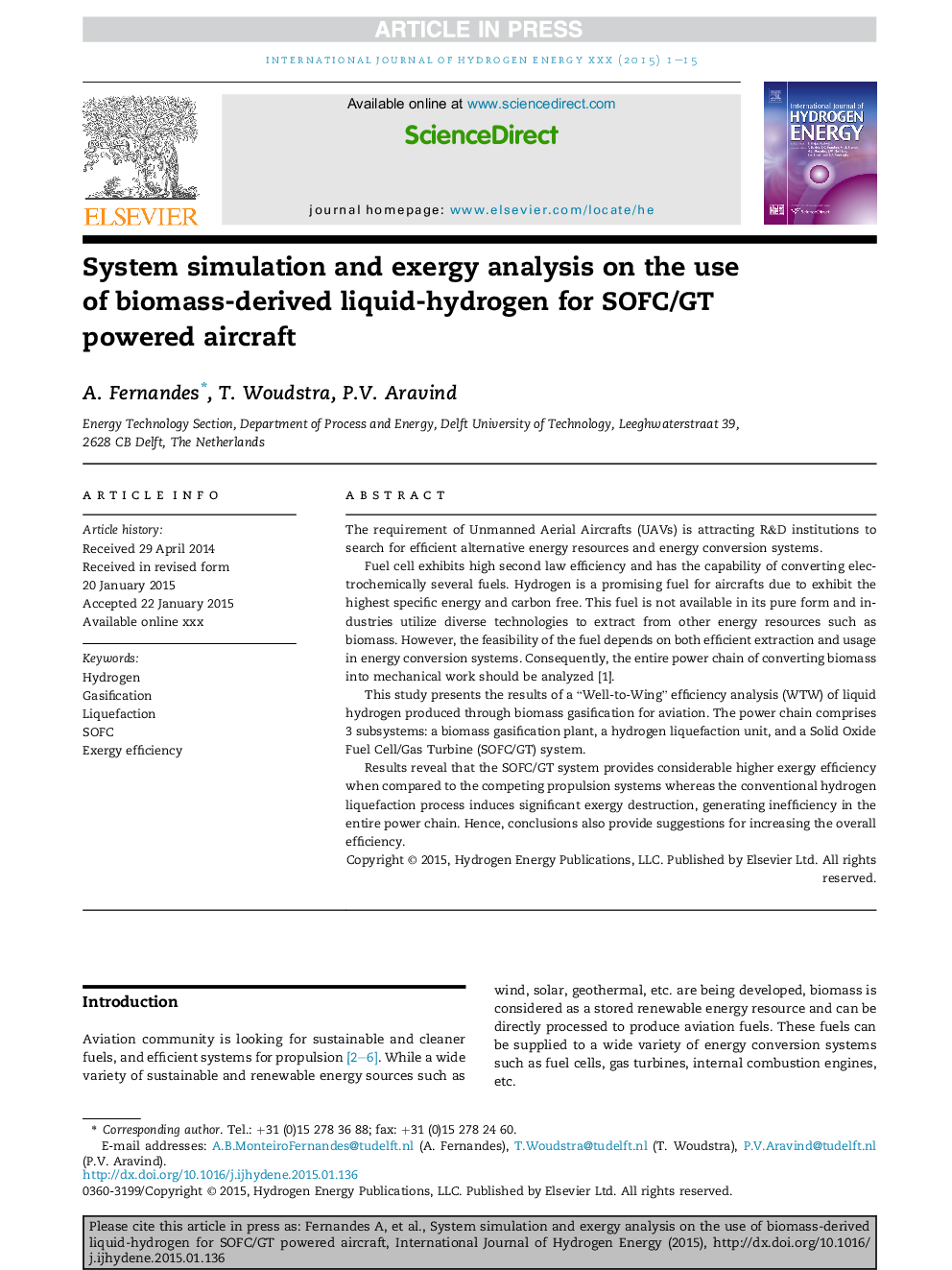 System simulation and exergy analysis on the use of biomass-derived liquid-hydrogen for SOFC/GT powered aircraft