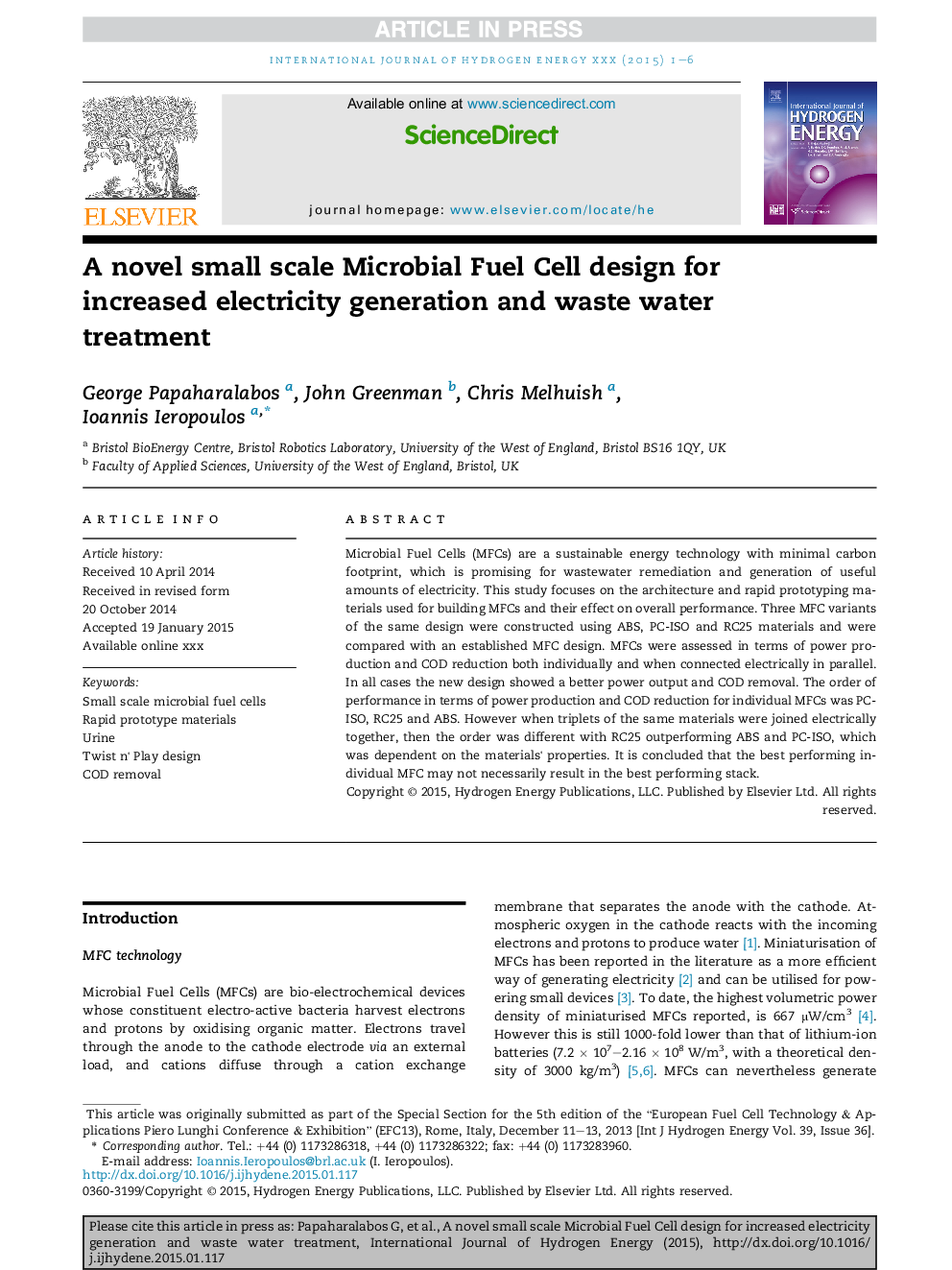 A novel small scale Microbial Fuel Cell design for increased electricity generation and waste water treatment