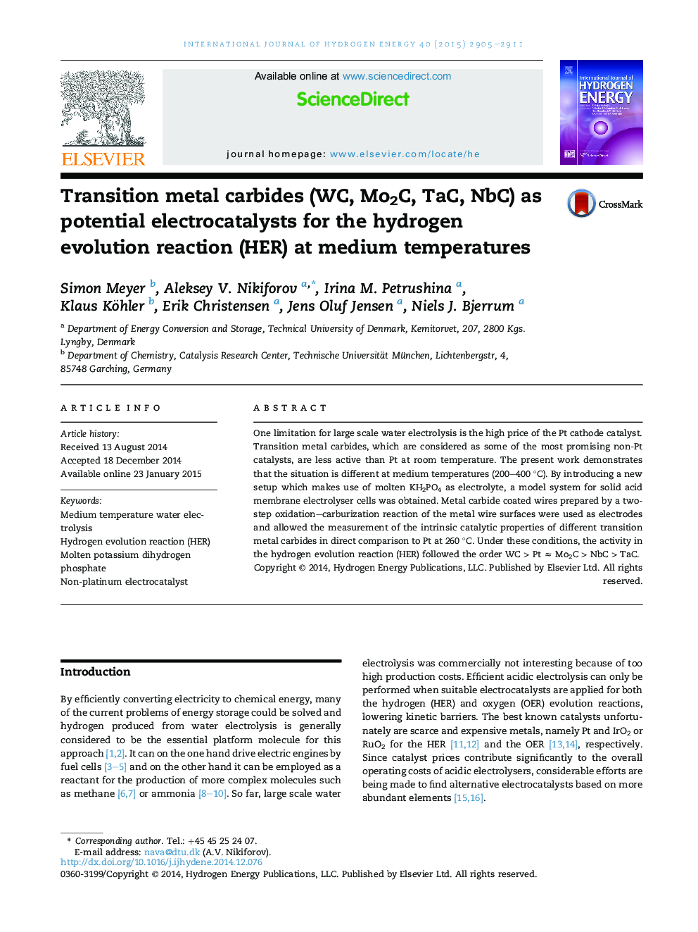 Transition metal carbides (WC, Mo2C, TaC, NbC) as potential electrocatalysts for the hydrogen evolution reaction (HER) at medium temperatures