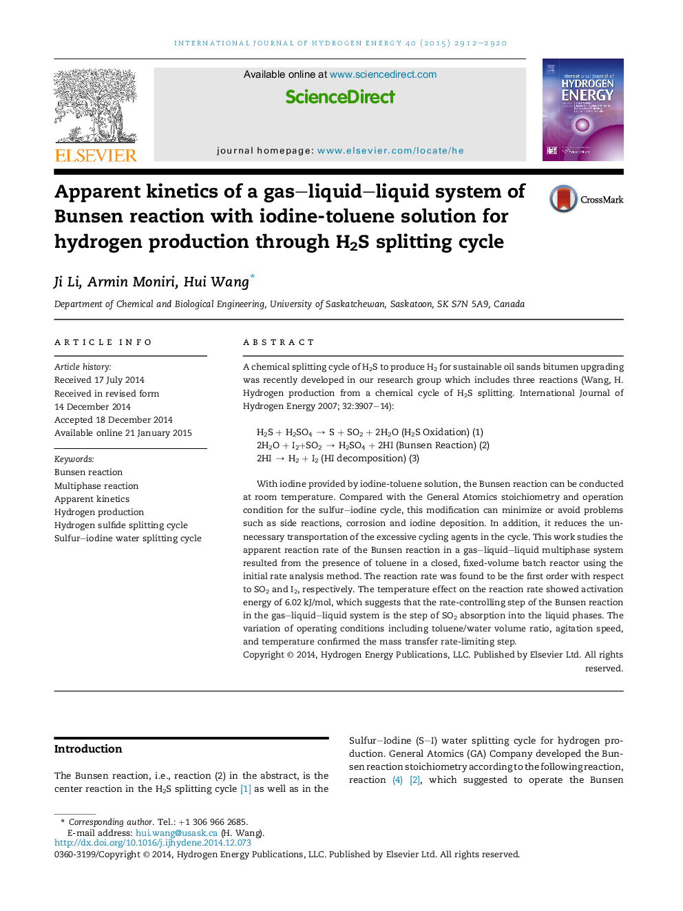 Apparent kinetics of a gas-liquid-liquid system of Bunsen reaction with iodine-toluene solution for hydrogen production through H2S splitting cycle