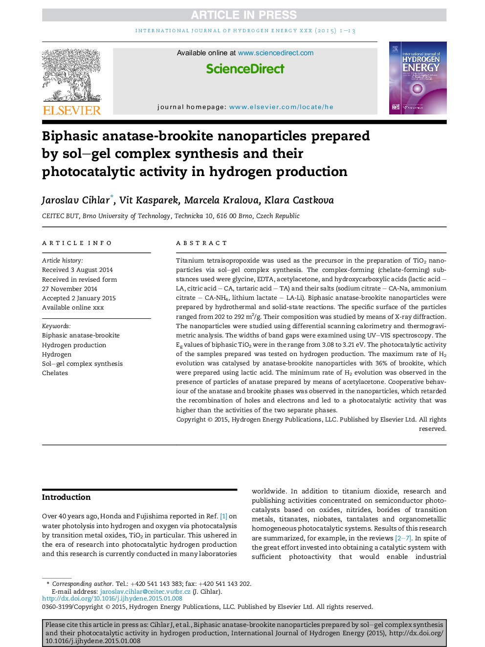 Biphasic anatase-brookite nanoparticles prepared by sol-gel complex synthesis and their photocatalytic activity in hydrogen production