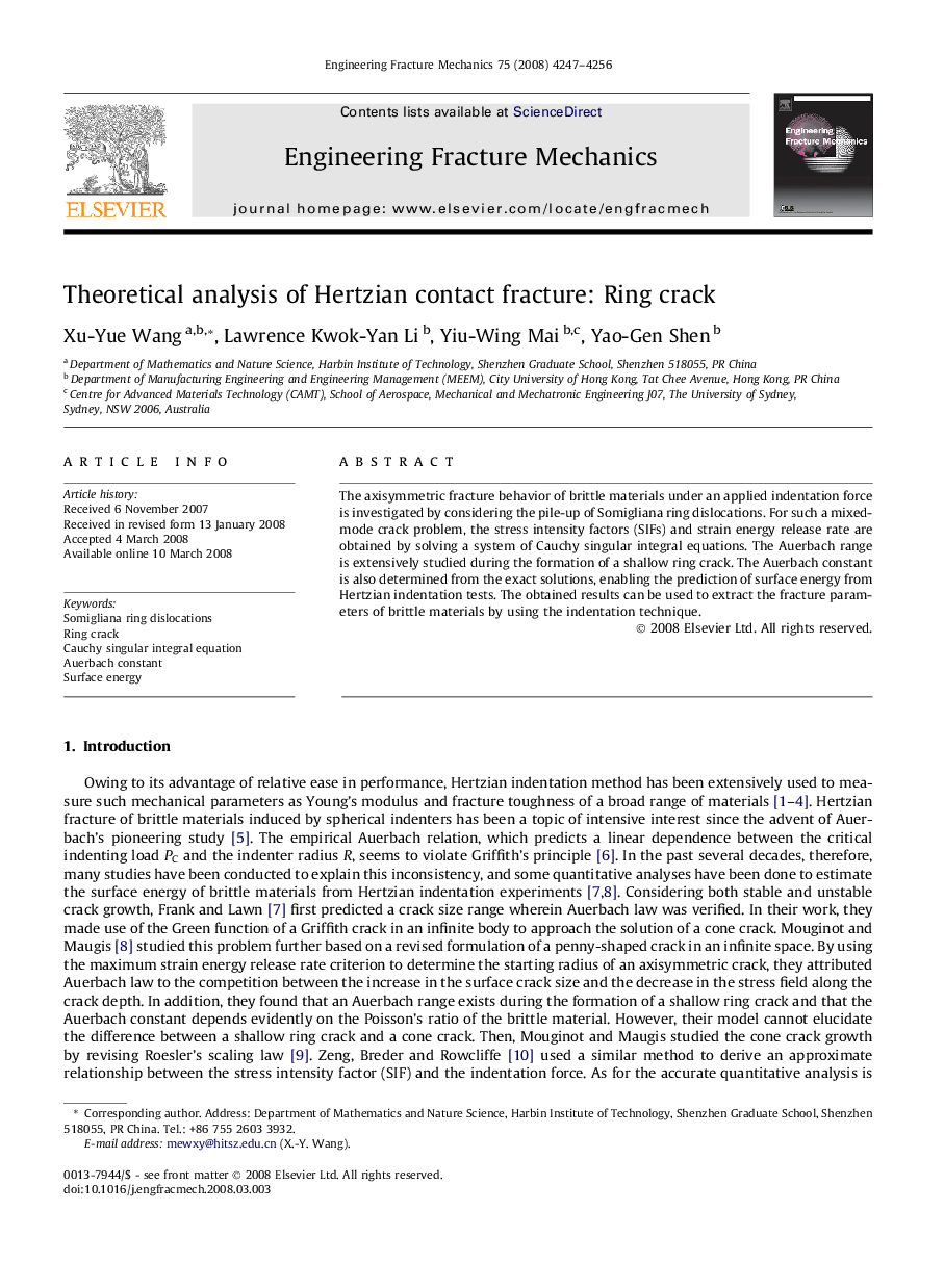 Theoretical analysis of Hertzian contact fracture: Ring crack