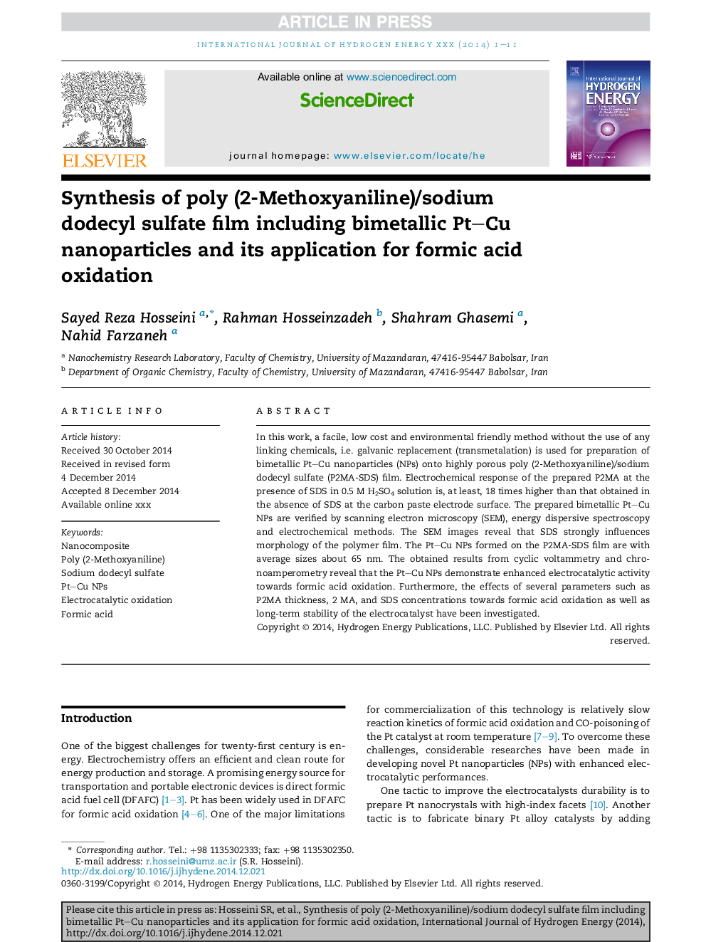 Synthesis of poly (2-Methoxyaniline)/sodium dodecyl sulfate film including bimetallic Pt-Cu nanoparticles and its application for formic acid oxidation