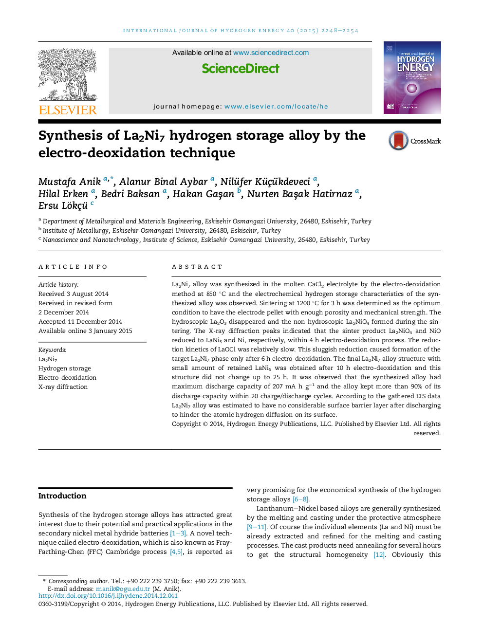 Synthesis of La2Ni7 hydrogen storage alloy by the electro-deoxidation technique