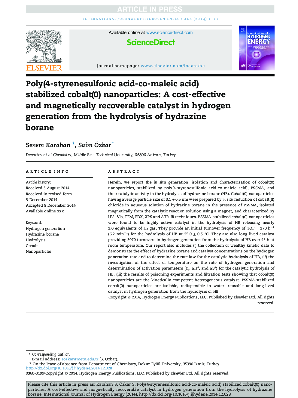 Poly(4-styrenesulfonic acid-co-maleic acid) stabilized cobalt(0) nanoparticles: A cost-effective and magnetically recoverable catalyst in hydrogen generation from the hydrolysis of hydrazine borane