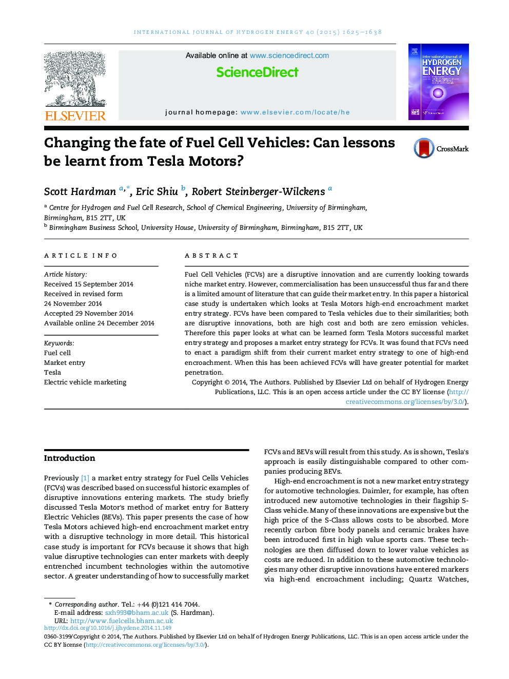 Changing the fate of Fuel Cell Vehicles: Can lessons be learnt from Tesla Motors?