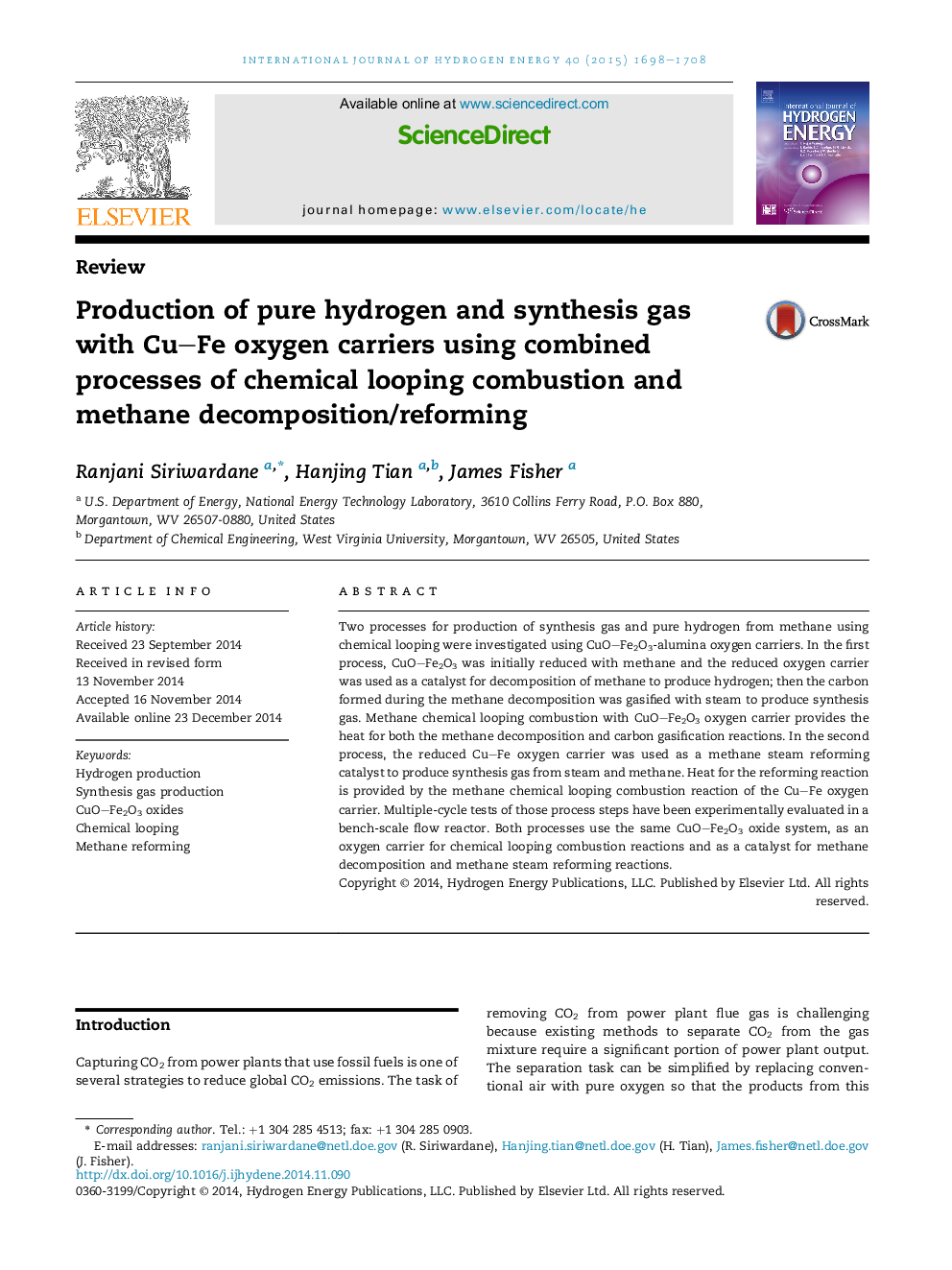 Production of pure hydrogen and synthesis gas with Cu-Fe oxygen carriers using combined processes of chemical looping combustion and methane decomposition/reforming