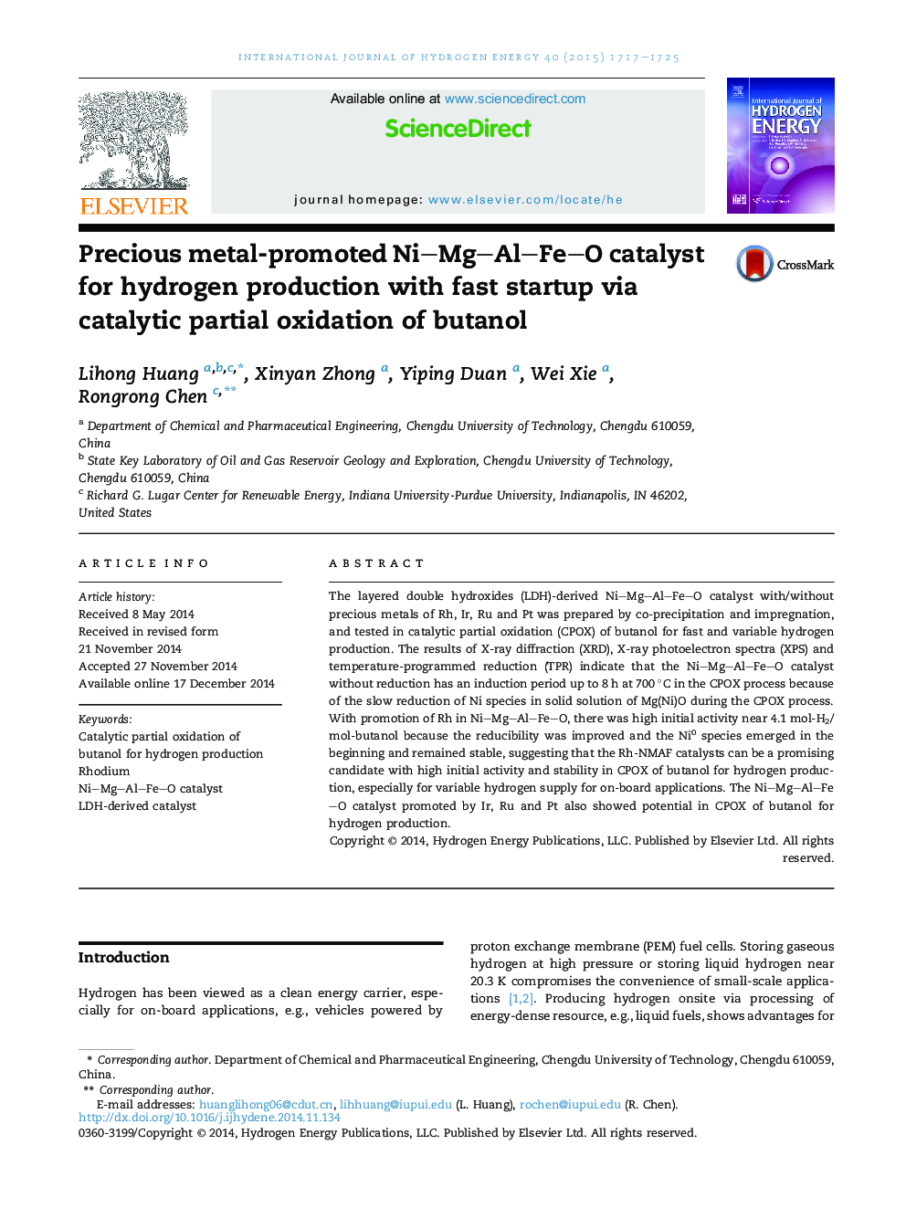 Precious metal-promoted Ni-Mg-Al-Fe-O catalyst for hydrogen production with fast startup via catalytic partial oxidation of butanol