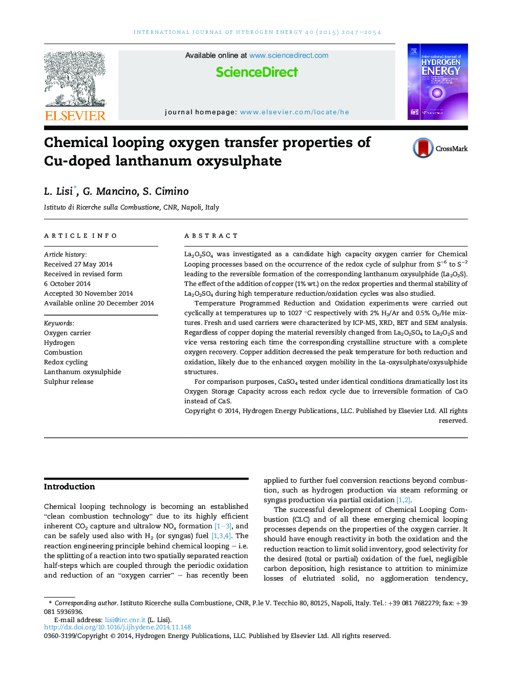 Chemical looping oxygen transfer properties of Cu-doped lanthanum oxysulphate