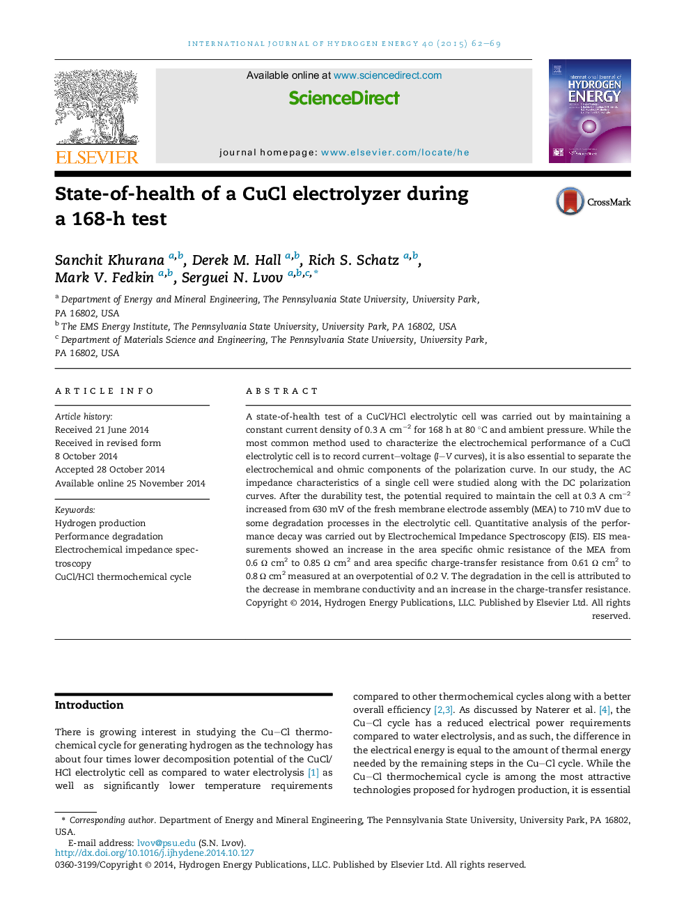 State-of-health of a CuCl electrolyzer during aÂ 168-h test