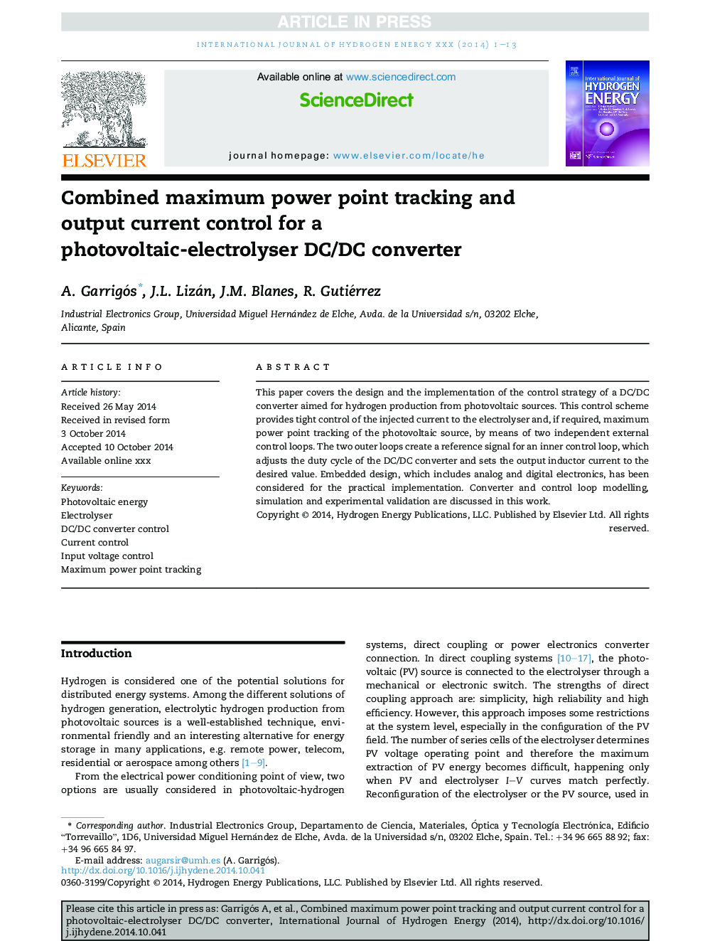 Combined maximum power point tracking and output current control for a photovoltaic-electrolyser DC/DC converter