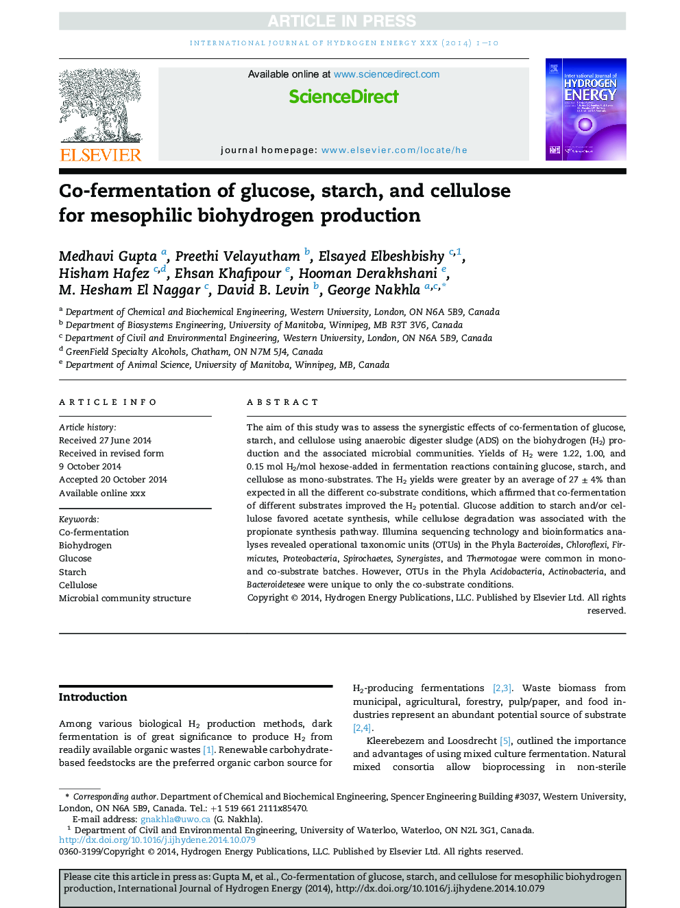 Co-fermentation of glucose, starch, and cellulose for mesophilic biohydrogen production